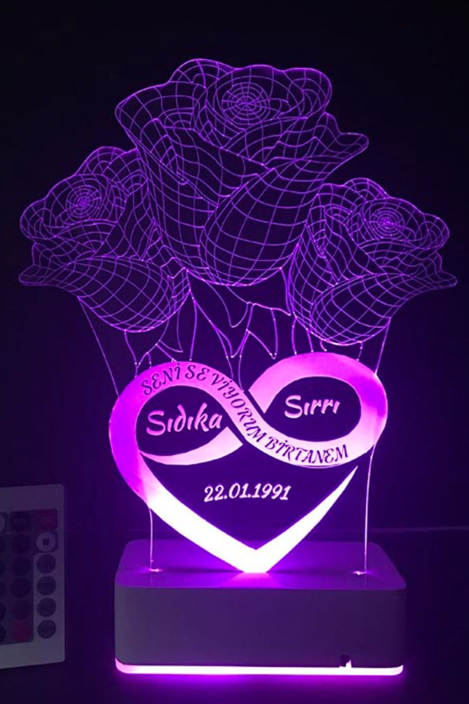 Kişiye Özel 3D 3 Gül ve Sonsuzluk 16 Renk Dekoratif Led Lamba