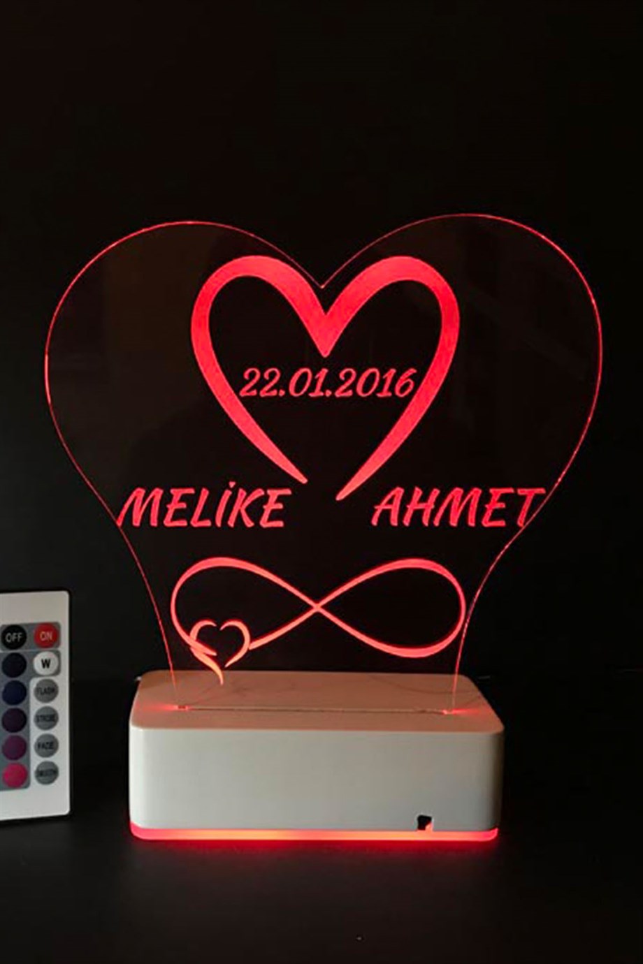 Kişiye Özel 3D Kalp İsim Tarih Sonsuzluk 16 Renk Dekoratif Led Lamba