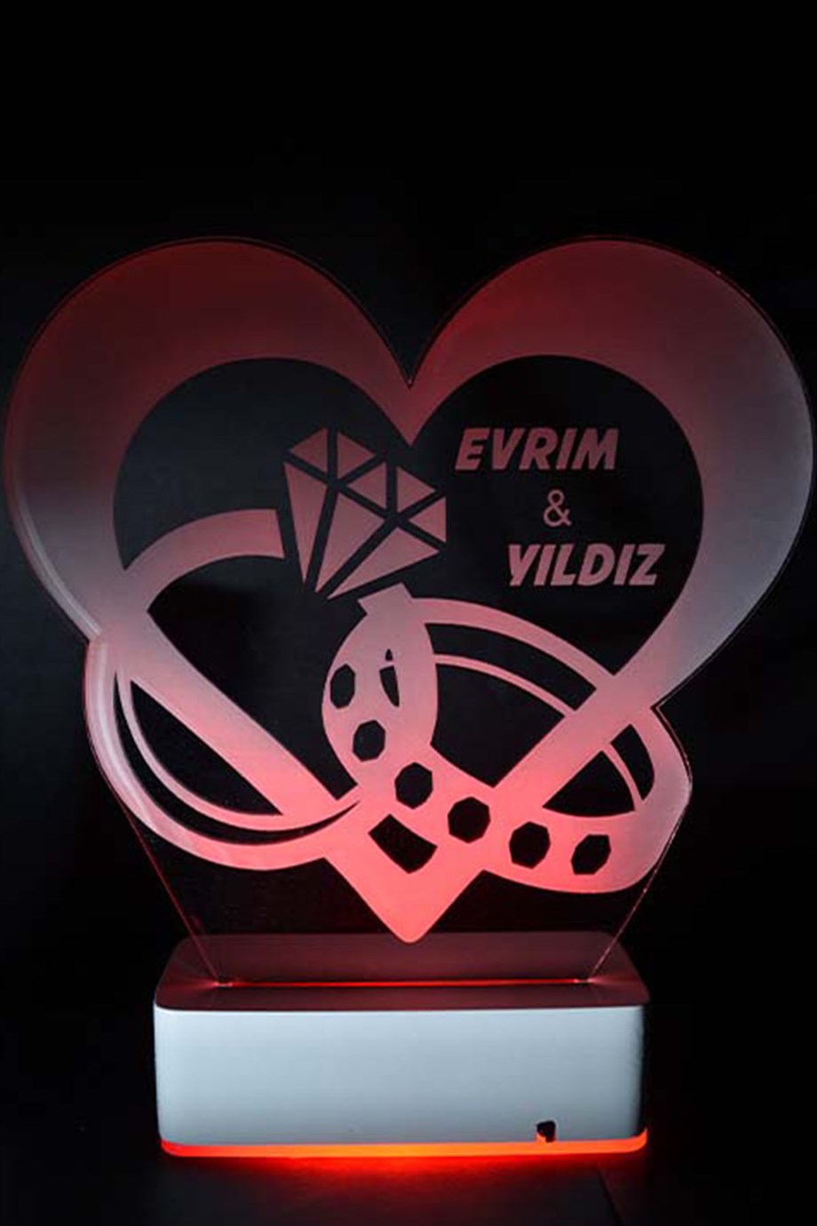 Sevgiliye Özel Pırlanta Yüzük ve Kalp 3D 16 Renk Dekoratif Led Lamba