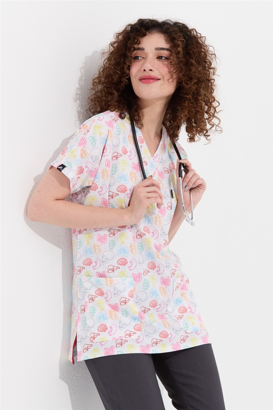 Carnival Basic -  Desenli Hemşire Doktor Veteriner Tek Üst Forma (UNISEX) / Renkli Organlar