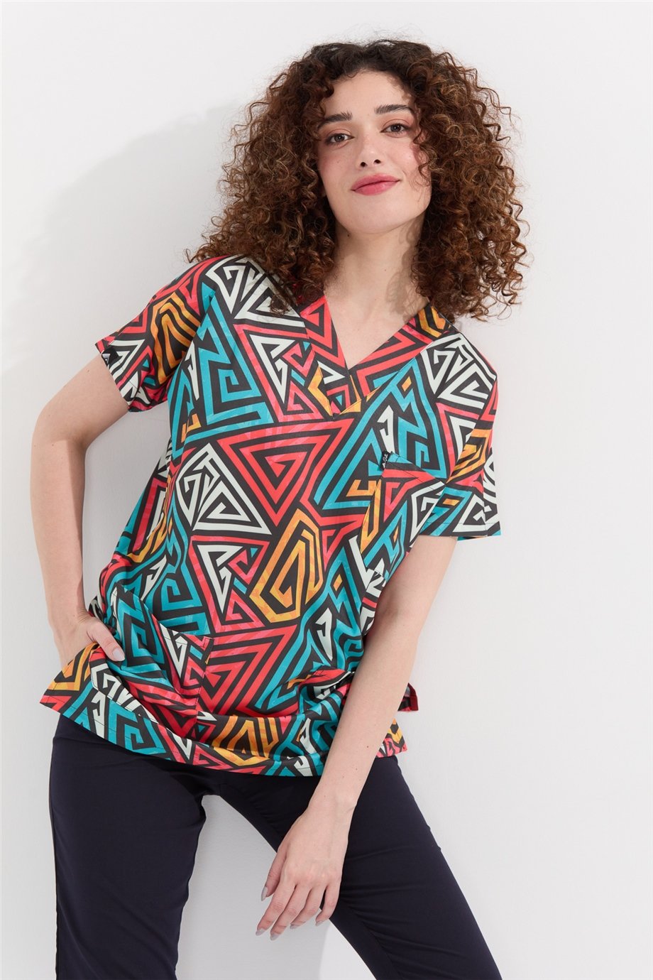 Carnival Basic -  Desenli Hemşire Doktor Veteriner Tek Üst Forma (UNISEX) / Geometrik