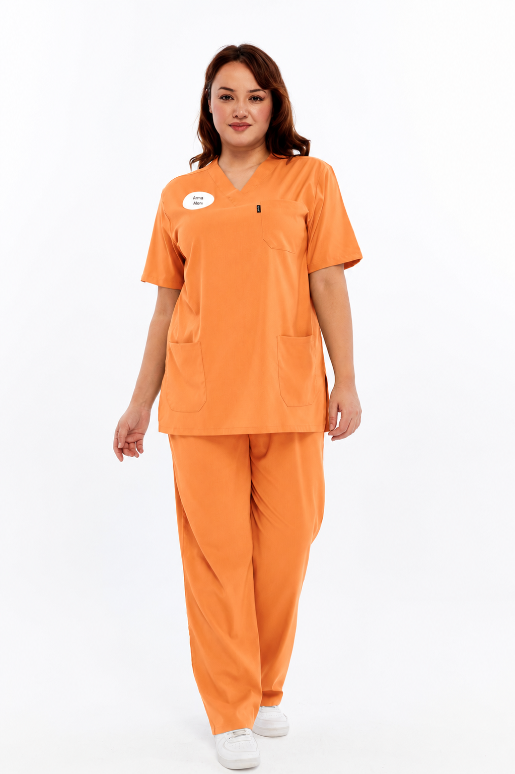 Comfy - Büyük Beden Klinik Destek Personeli Forması Likralı Scrubs  (Yeni Yönetmeliğe Uygun - Orange Ochre) (Takım)