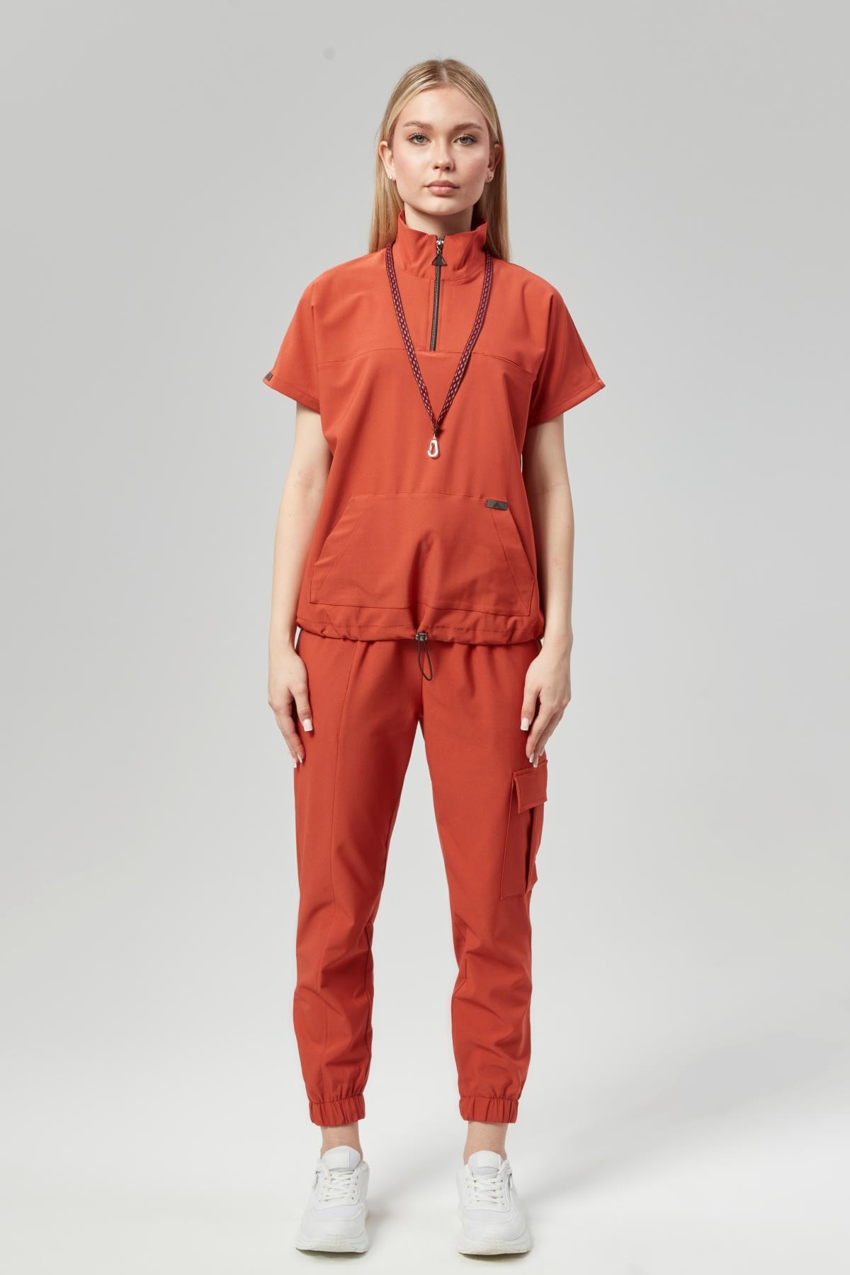 Extreme Cool Woman - Premium Çift Yön Likralı Doktor Hemşire Forma Takımı Scrubs Üniforma Cerrahi Takım (KADIN), Mandalin