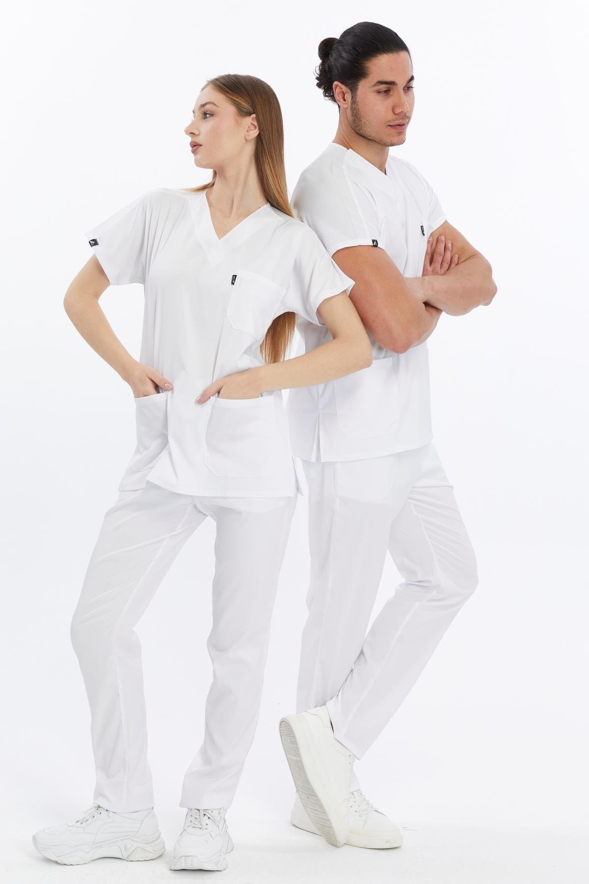 Happiness Basic - Likralı Doktor Hemşire Forma Takımı Scrubs Üniforma Cerrahi Takım (UNISEX), Beyaz