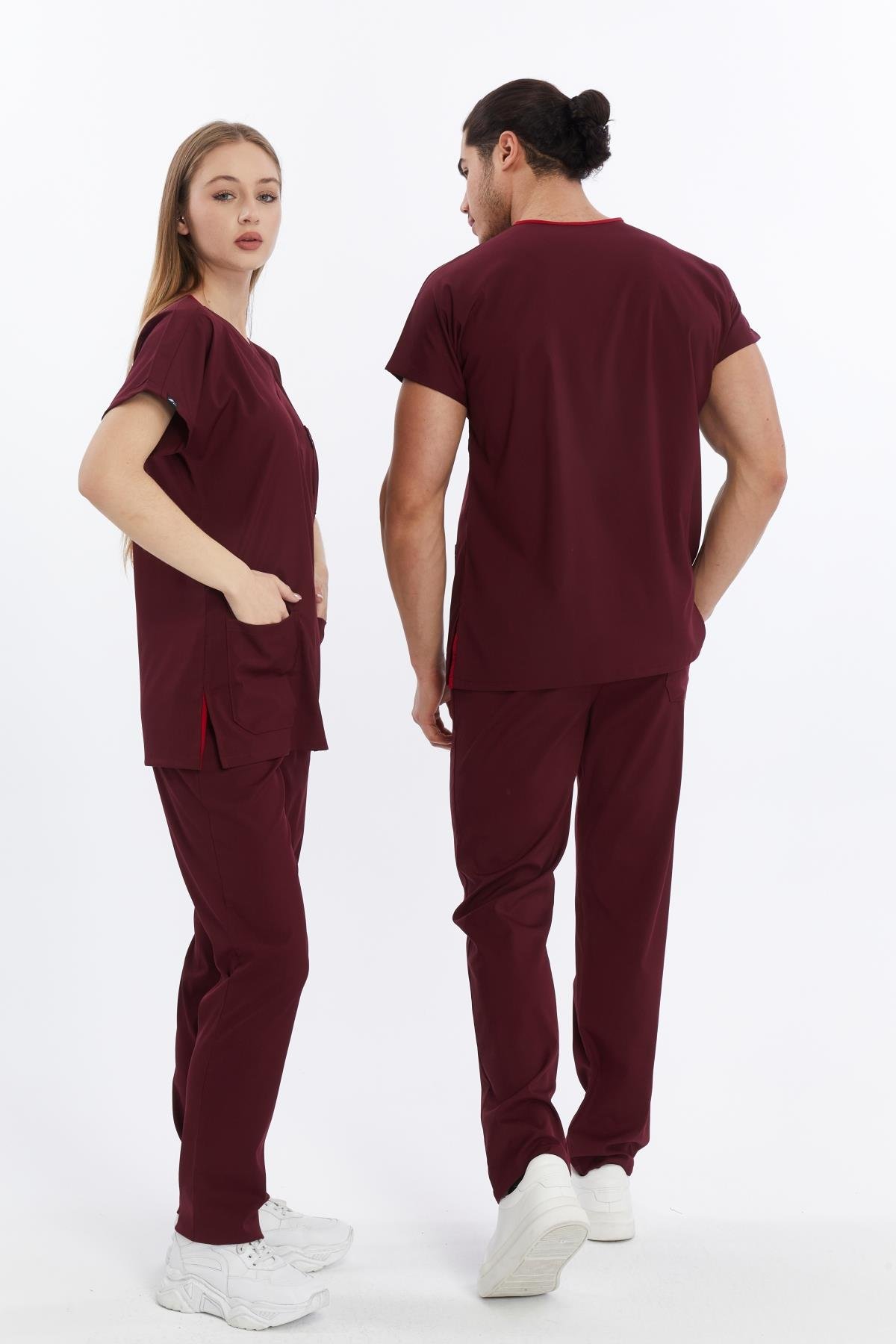 Happiness Basic - Likralı Doktor Hemşire Forma Takımı Scrubs Üniforma Cerrahi Takım (UNISEX), Bordo