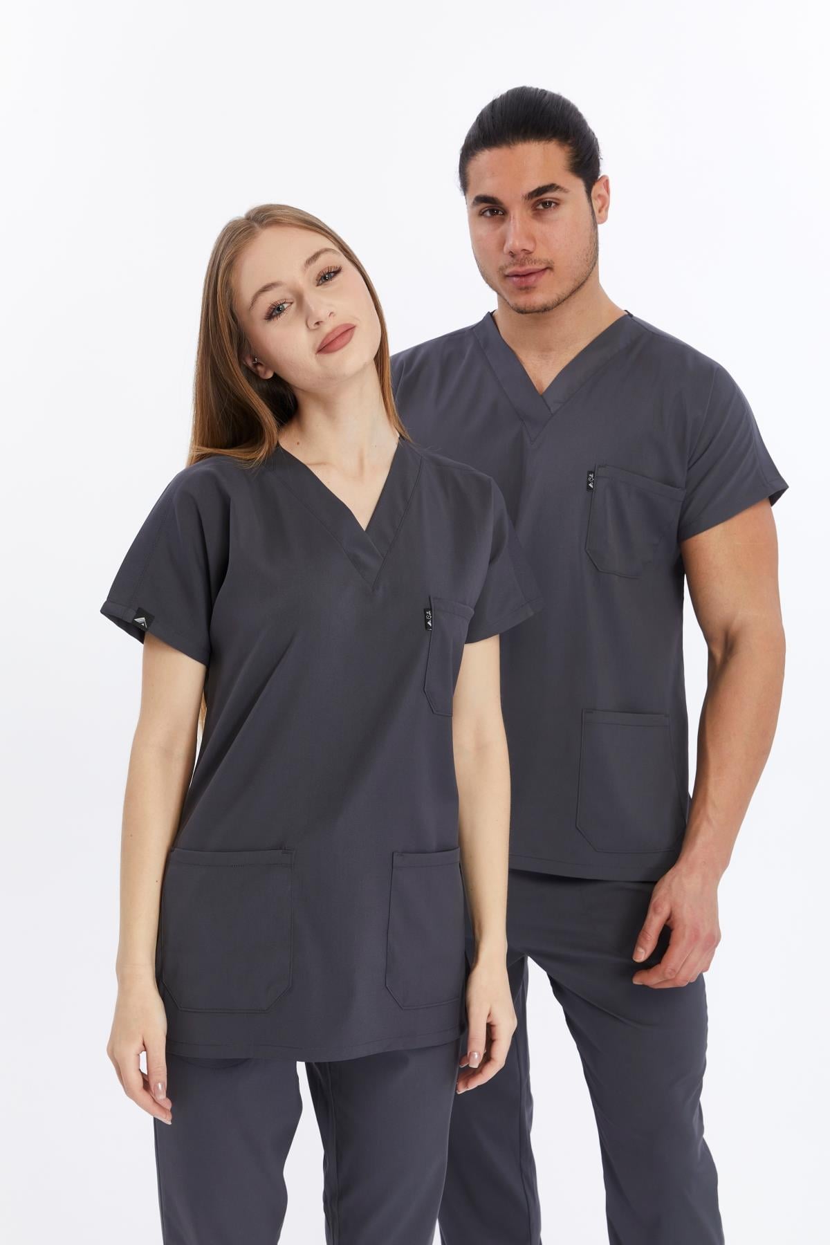 Happiness Basic - Likralı Doktor Hemşire Forma Takımı Scrubs Üniforma Cerrahi Takım (UNISEX), Antrasit