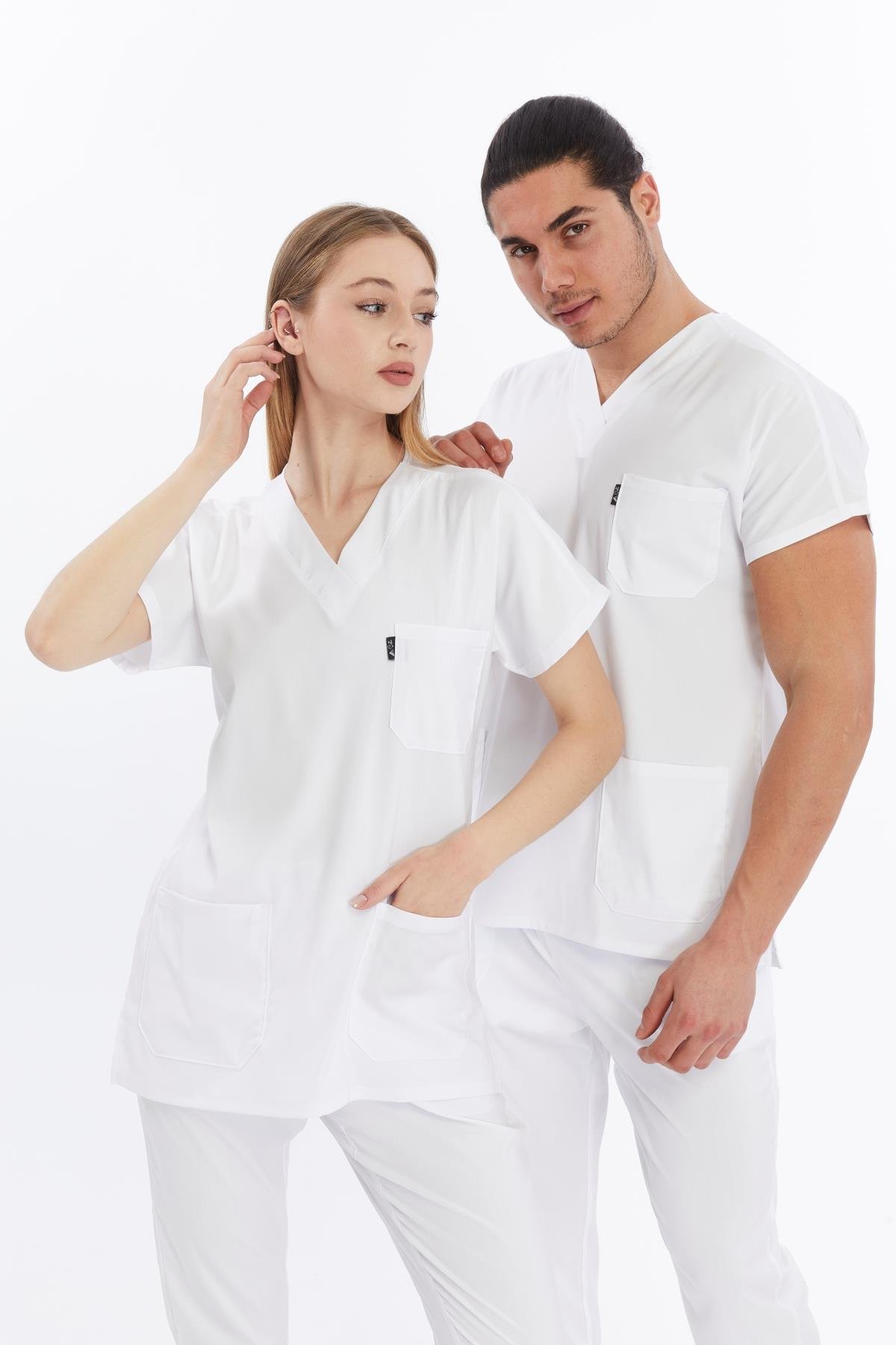 Happiness Basic - Likralı Doktor Hemşire Forma Takımı Scrubs Üniforma Cerrahi Takım (UNISEX), Beyaz