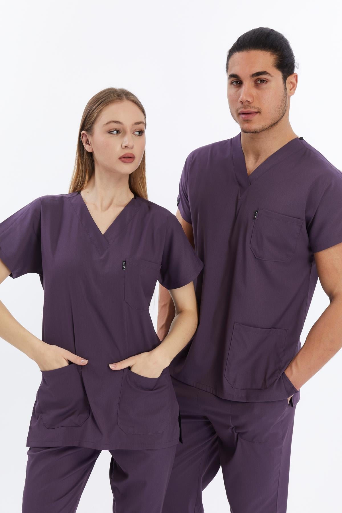 Happiness Basic - Likralı Doktor Hemşire Scrubs Tek Üst Cerrahi Forma (UNISEX), Gül Kurusu