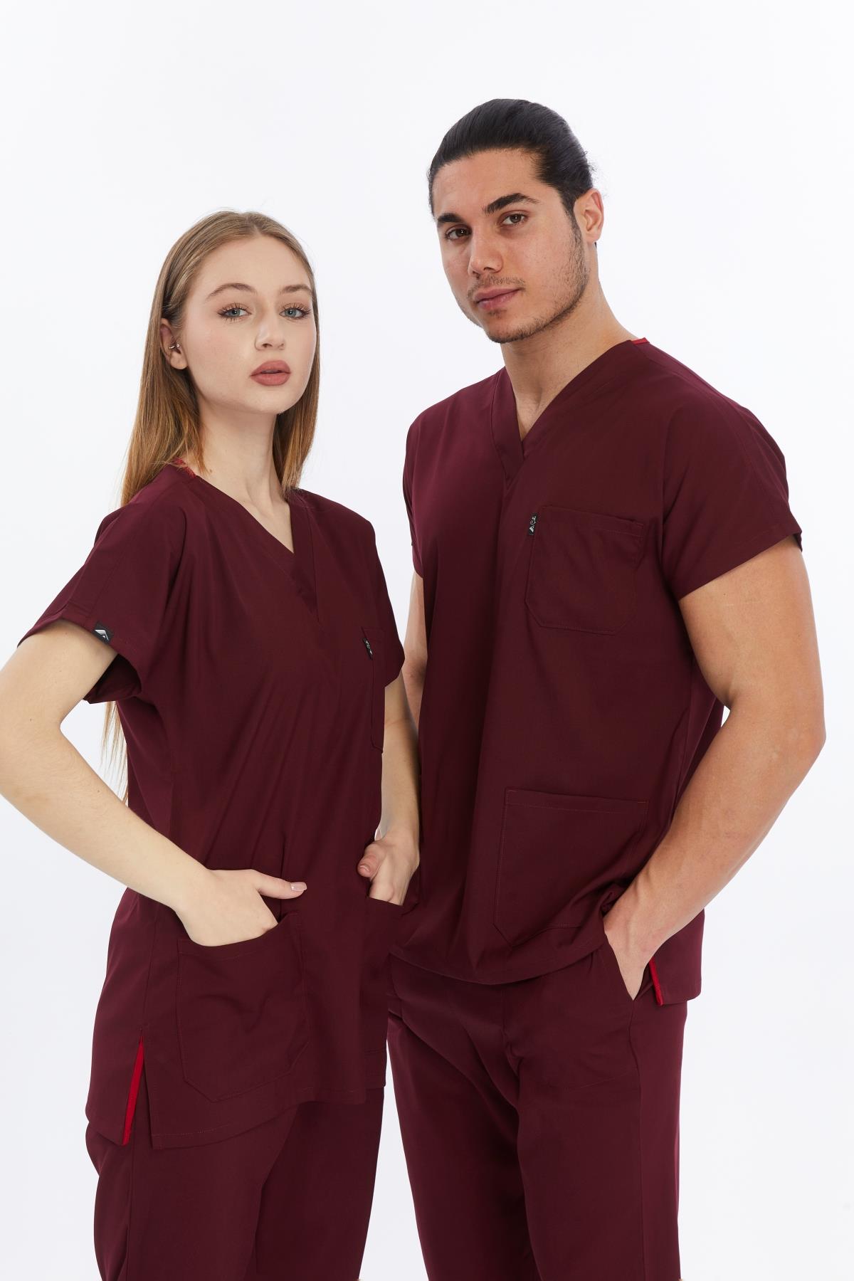 Happiness Basic - Likralı Doktor Hemşire Forma Takımı Scrubs Üniforma Cerrahi Takım (UNISEX), Bordo