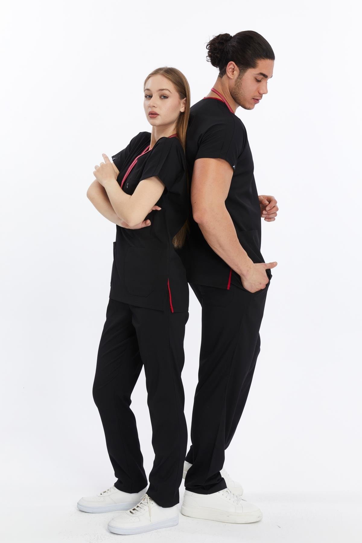 Happiness Basic - Likralı Doktor Hemşire Forma Takımı Scrubs Üniforma Cerrahi Takım (UNISEX), Siyah