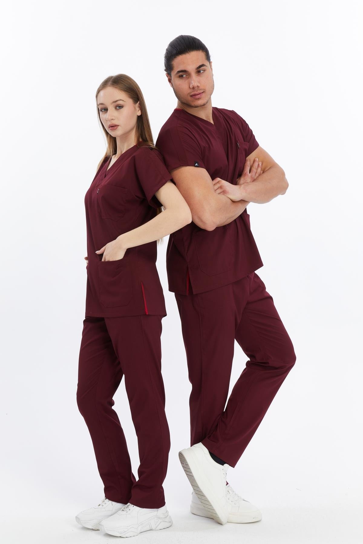 Happiness Basic - Likralı Doktor Hemşire Forma Takımı Scrubs Üniforma Cerrahi Takım (UNISEX), Bordo