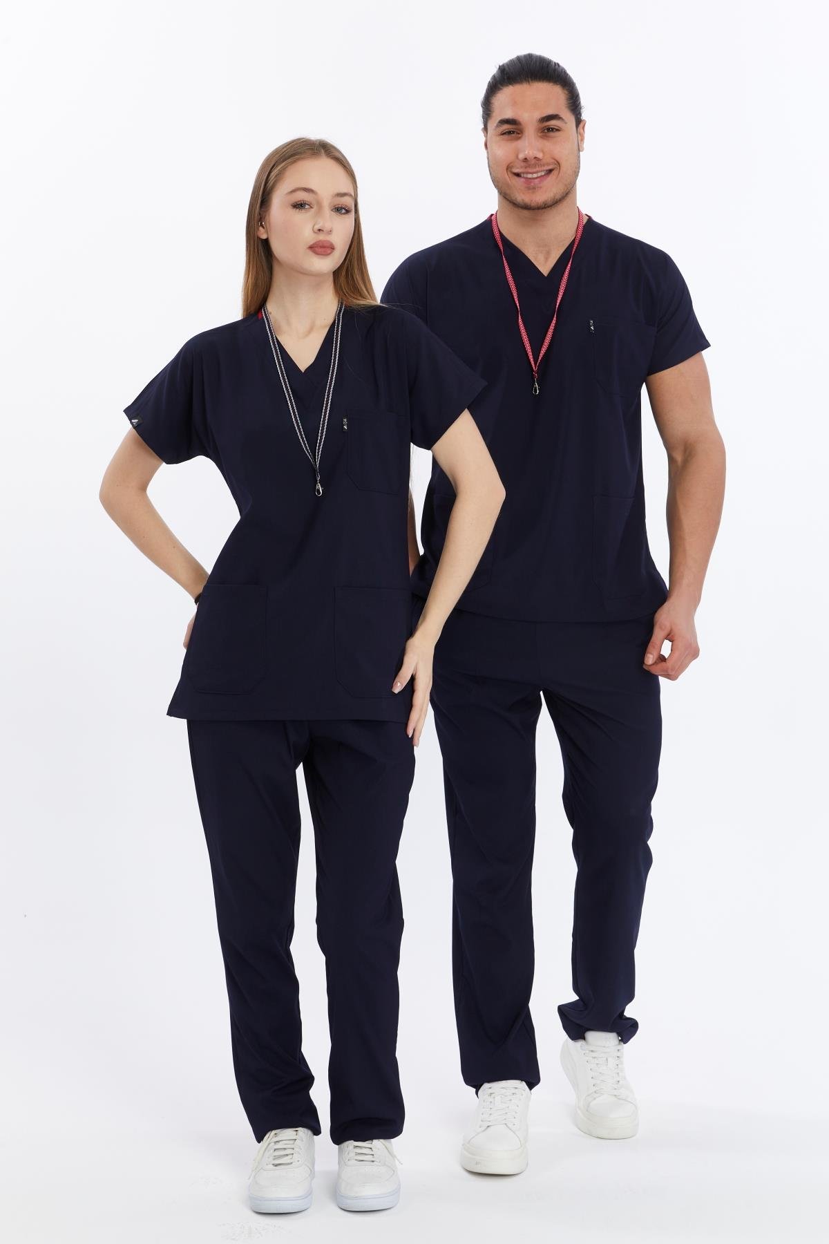 Happiness Basic - Likralı Doktor Hemşire Forma Takımı Scrubs Üniforma Cerrahi Takım (UNISEX), Lacivert