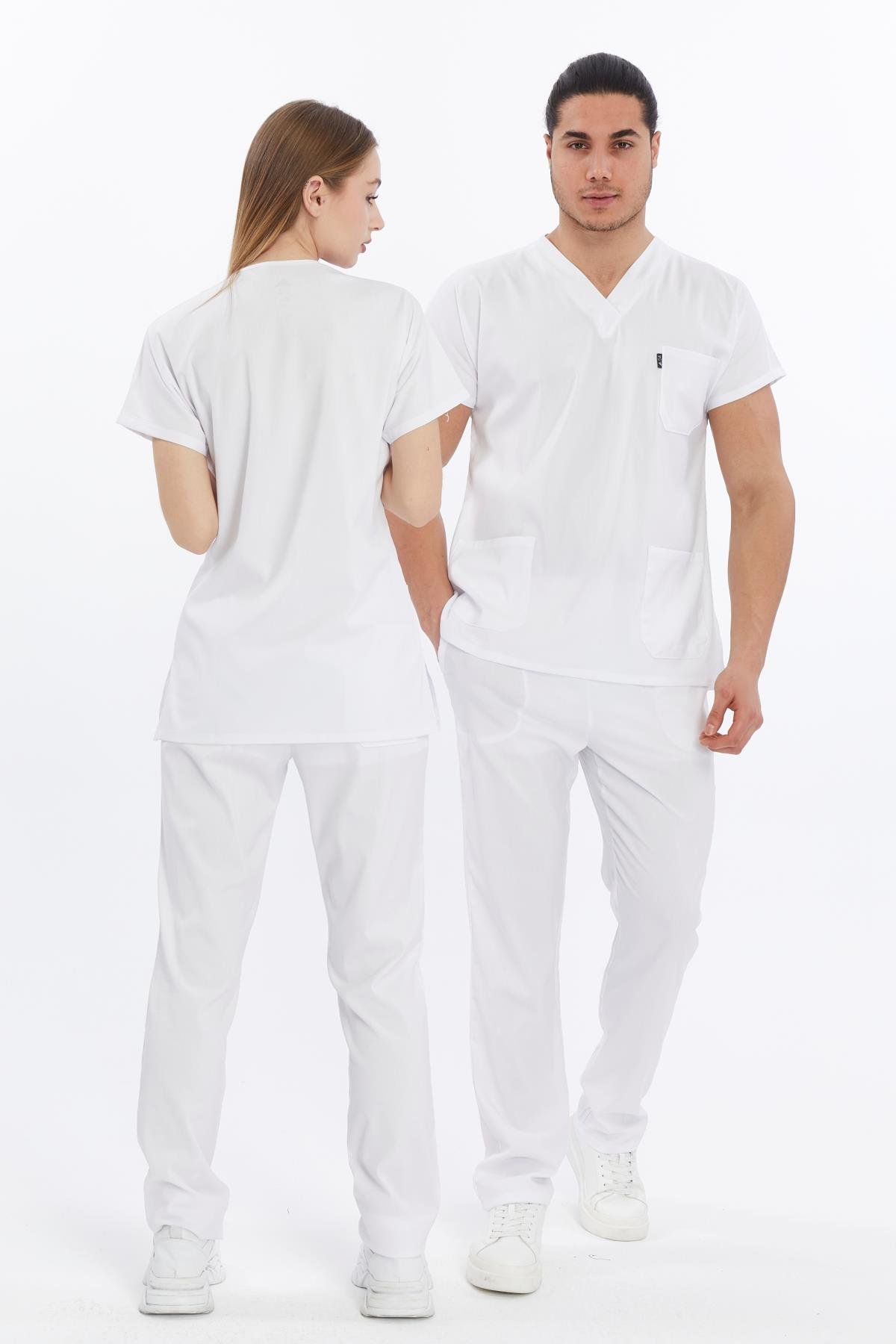 Happiness Basic - Likralı Doktor Hemşire Forma Takımı Scrubs Üniforma Cerrahi Takım (UNISEX), Beyaz