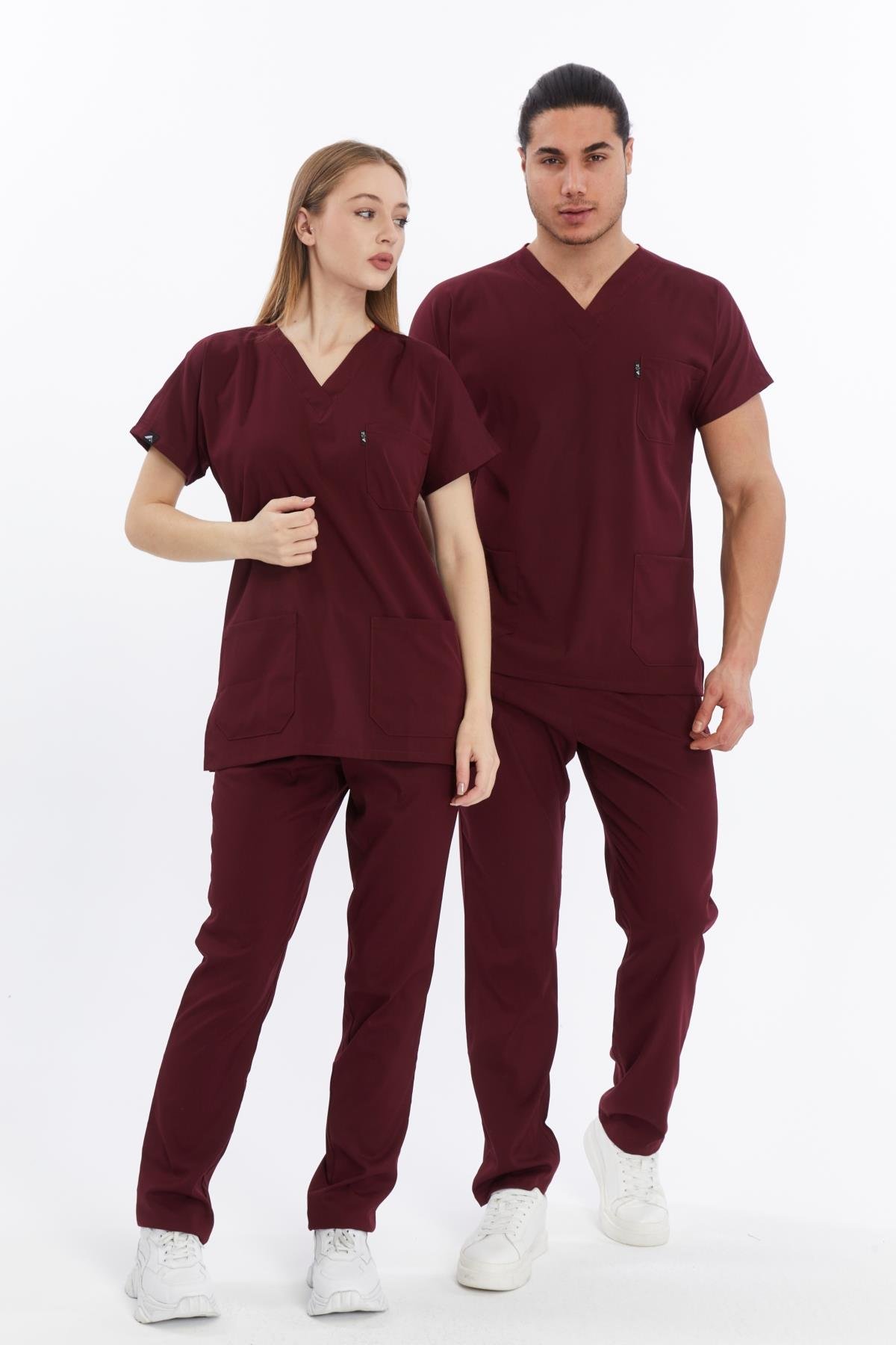 Happiness Basic - Likralı Doktor Hemşire Forma Takımı Scrubs Üniforma Cerrahi Takım (UNISEX), Bordo