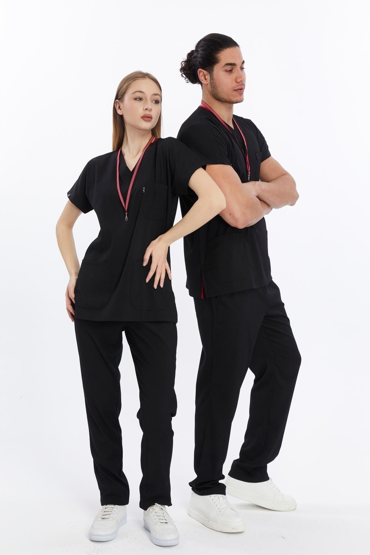 Happiness Basic - Likralı Doktor Hemşire Forma Takımı Scrubs Üniforma Cerrahi Takım (UNISEX), Siyah