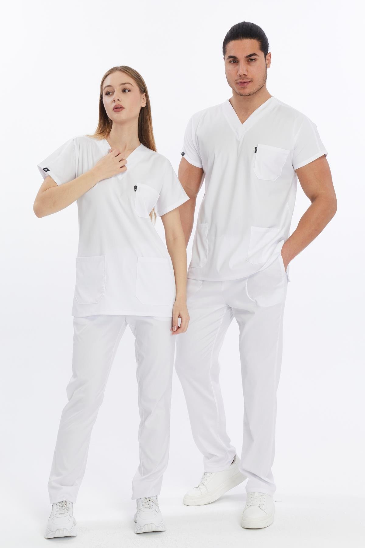 Happiness Basic - Likralı Doktor Hemşire Forma Takımı Scrubs Üniforma Cerrahi Takım (UNISEX), Beyaz