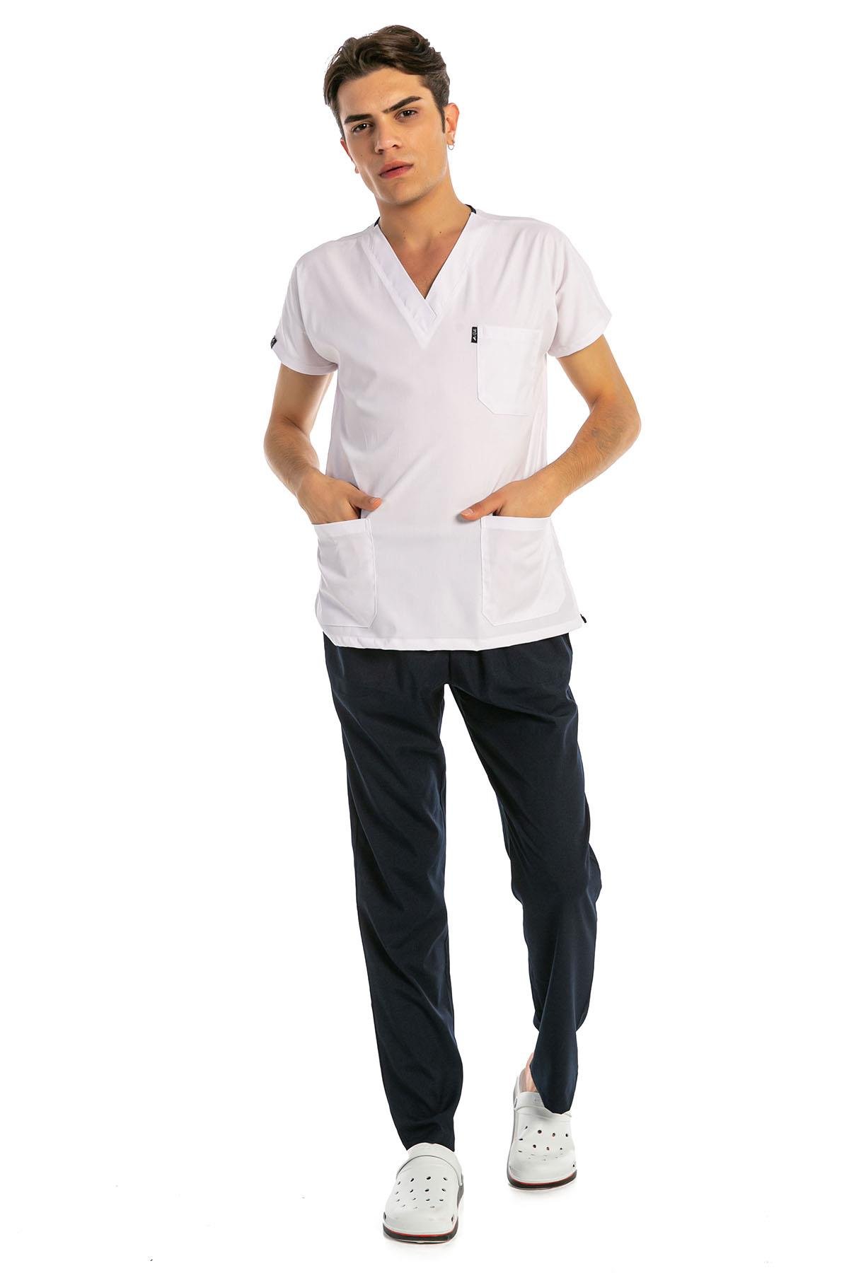 Happiness Basic - Likralı Doktor Hemşire Forma Takımı Scrubs Üniforma Cerrahi Takım (UNISEX), Beyaz/Lacivert