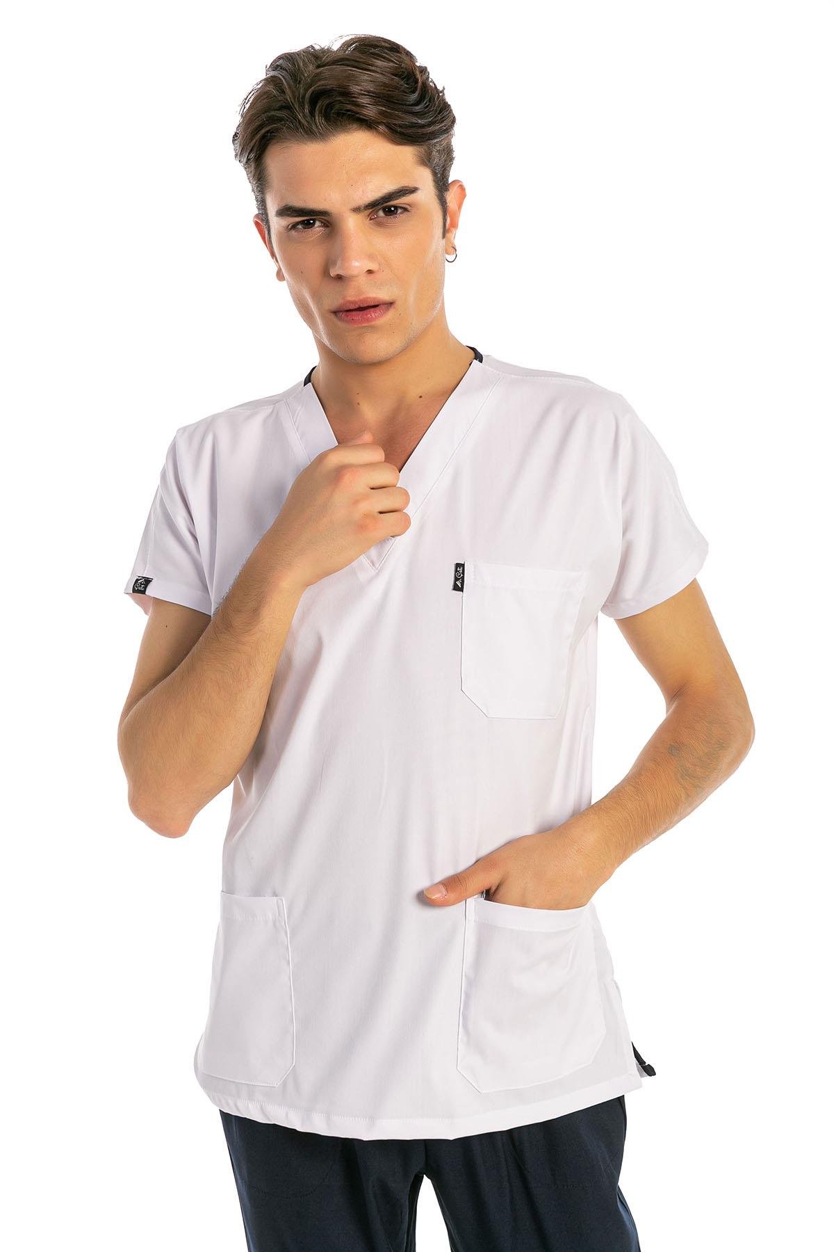 Happiness Basic - Likralı Doktor Hemşire Forma Takımı Scrubs Üniforma Cerrahi Takım (UNISEX), Beyaz/Lacivert