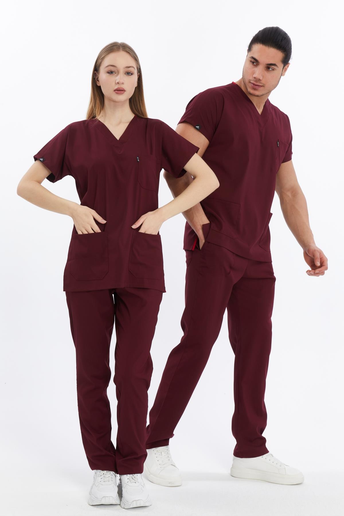 Happiness Basic - Likralı Doktor Hemşire Forma Takımı Scrubs Üniforma Cerrahi Takım (UNISEX), Bordo