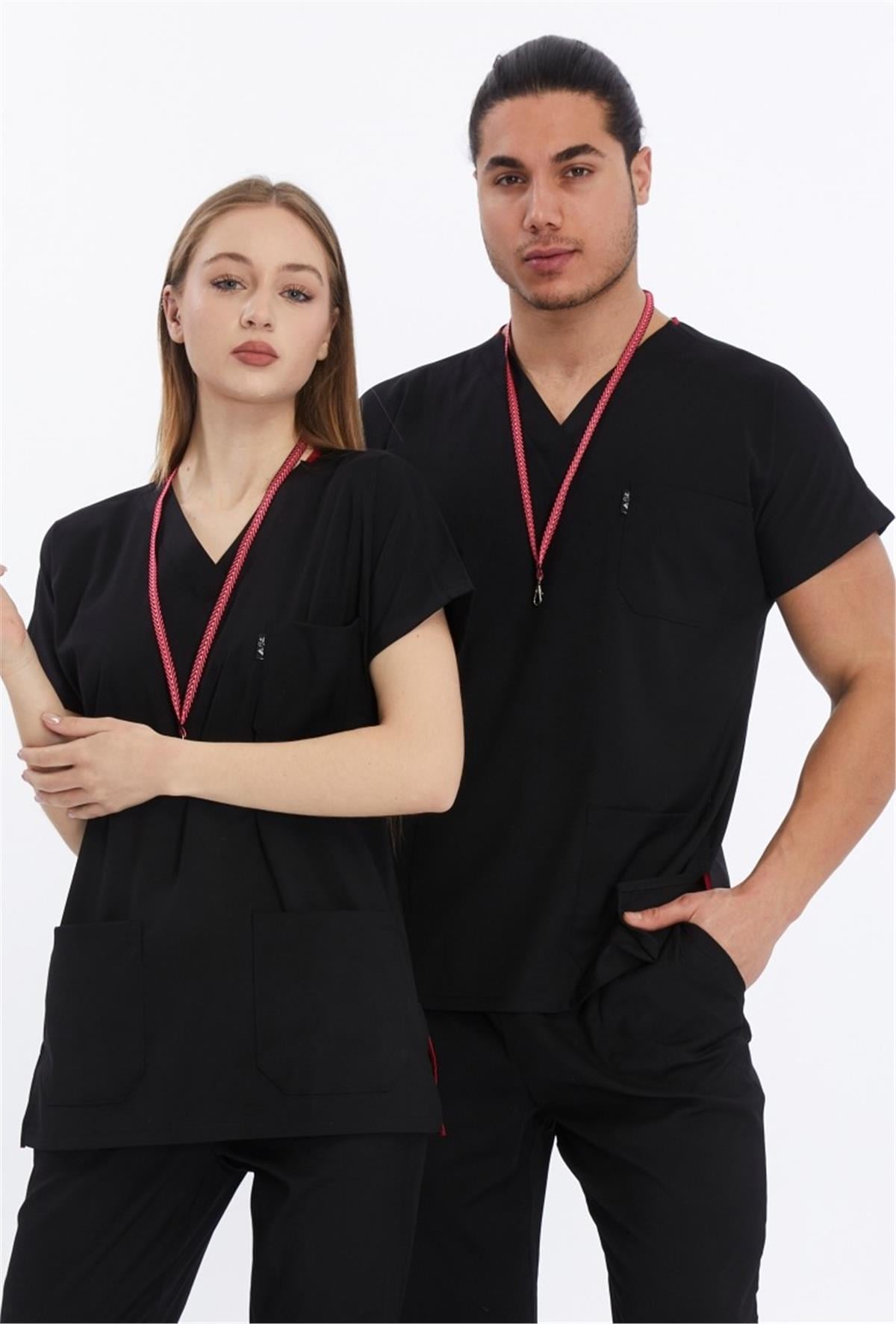 Happiness Basic - Likralı Doktor Hemşire Scrubs Tek Üst Cerrahi Forma (UNISEX), Siyah