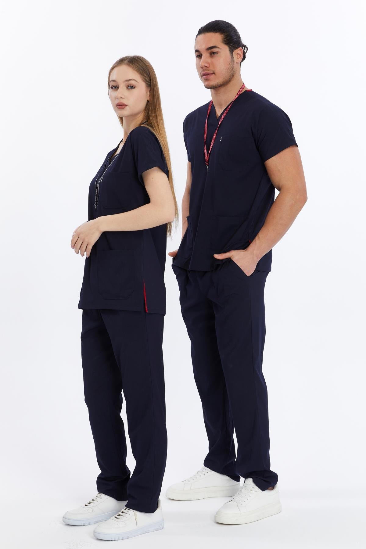 Happiness Basic - Likralı Doktor Hemşire Forma Takımı Scrubs Üniforma Cerrahi Takım (UNISEX), Lacivert
