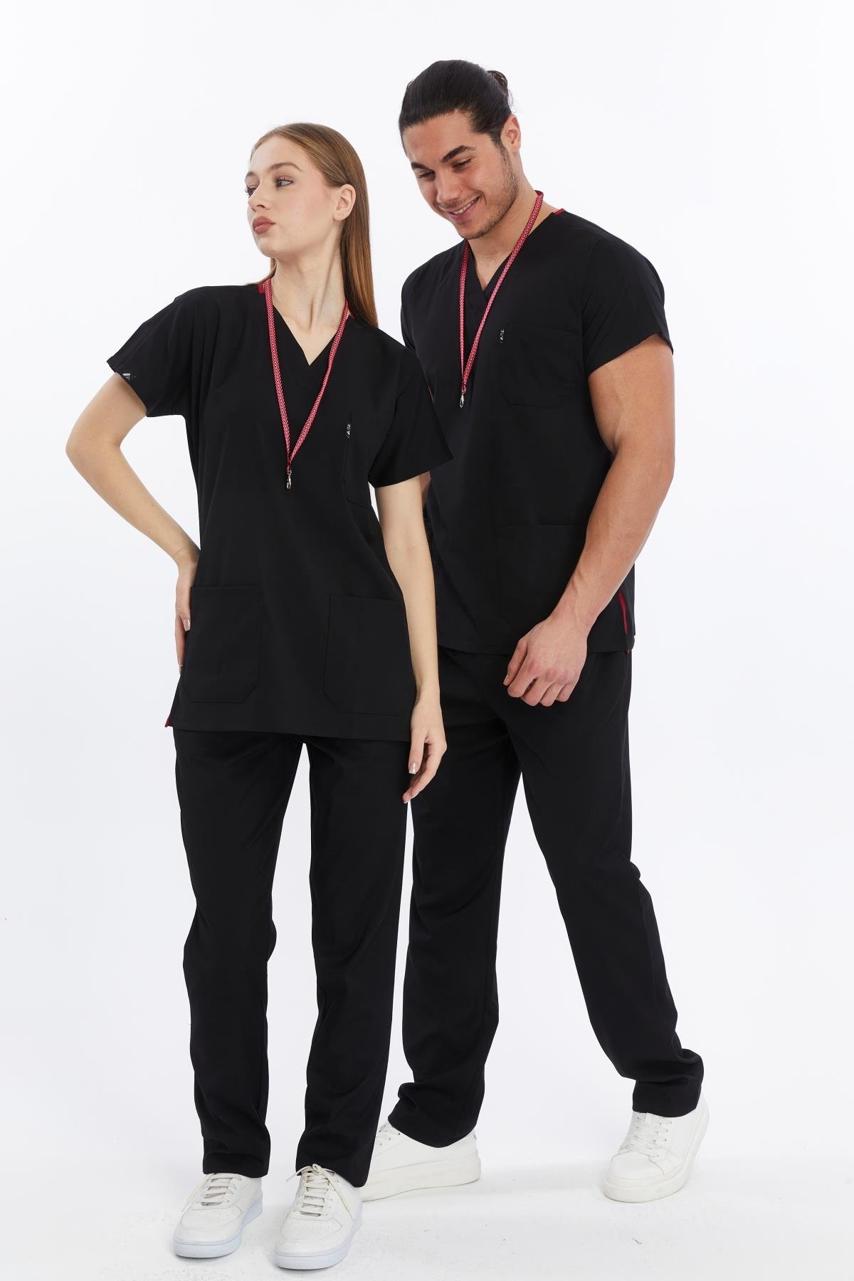 Happiness Basic - Likralı Doktor Hemşire Forma Takımı Scrubs Üniforma Cerrahi Takım (UNISEX), Siyah