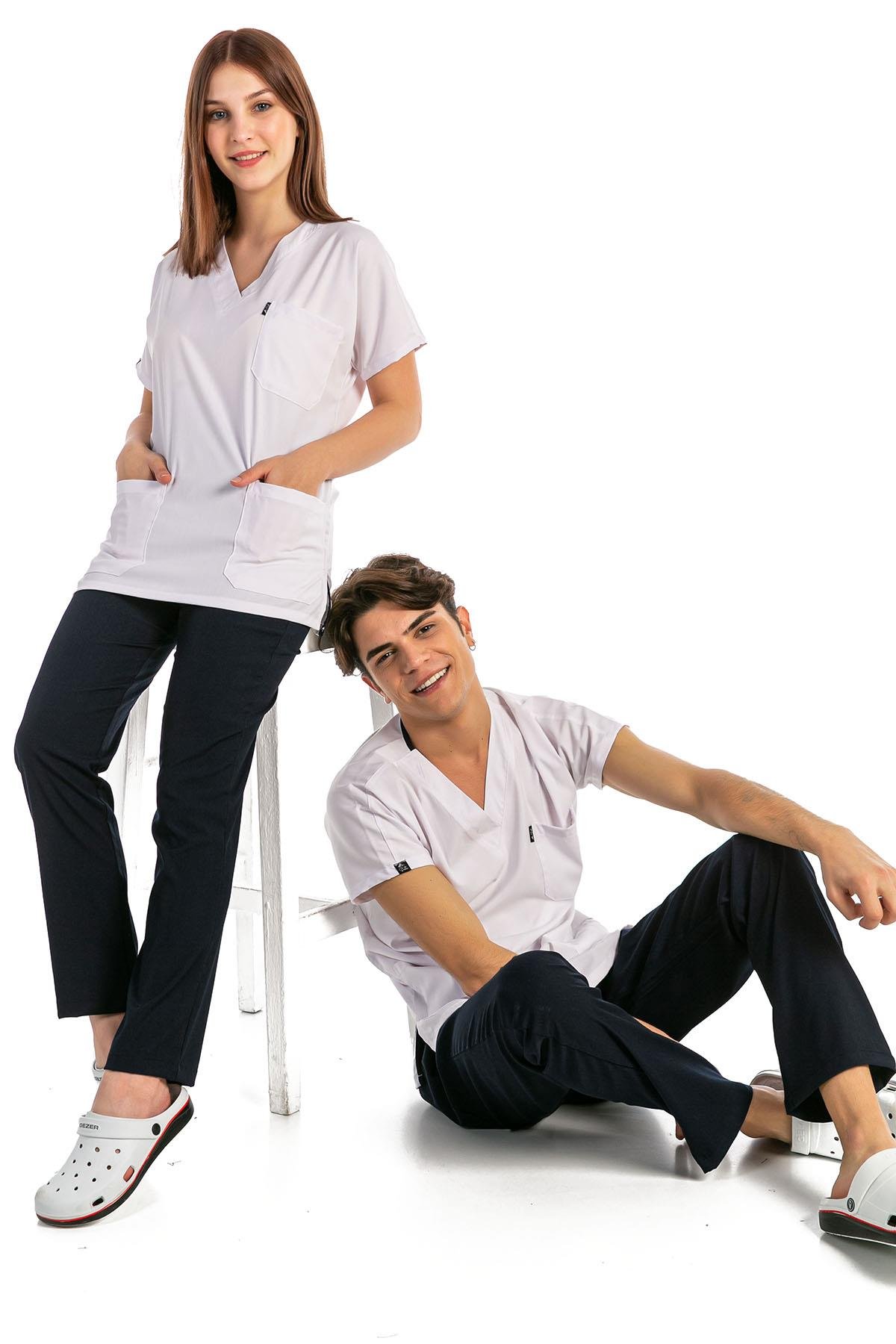 Happiness Basic - Likralı Doktor Hemşire Forma Takımı Scrubs Üniforma Cerrahi Takım (UNISEX), Beyaz/Lacivert