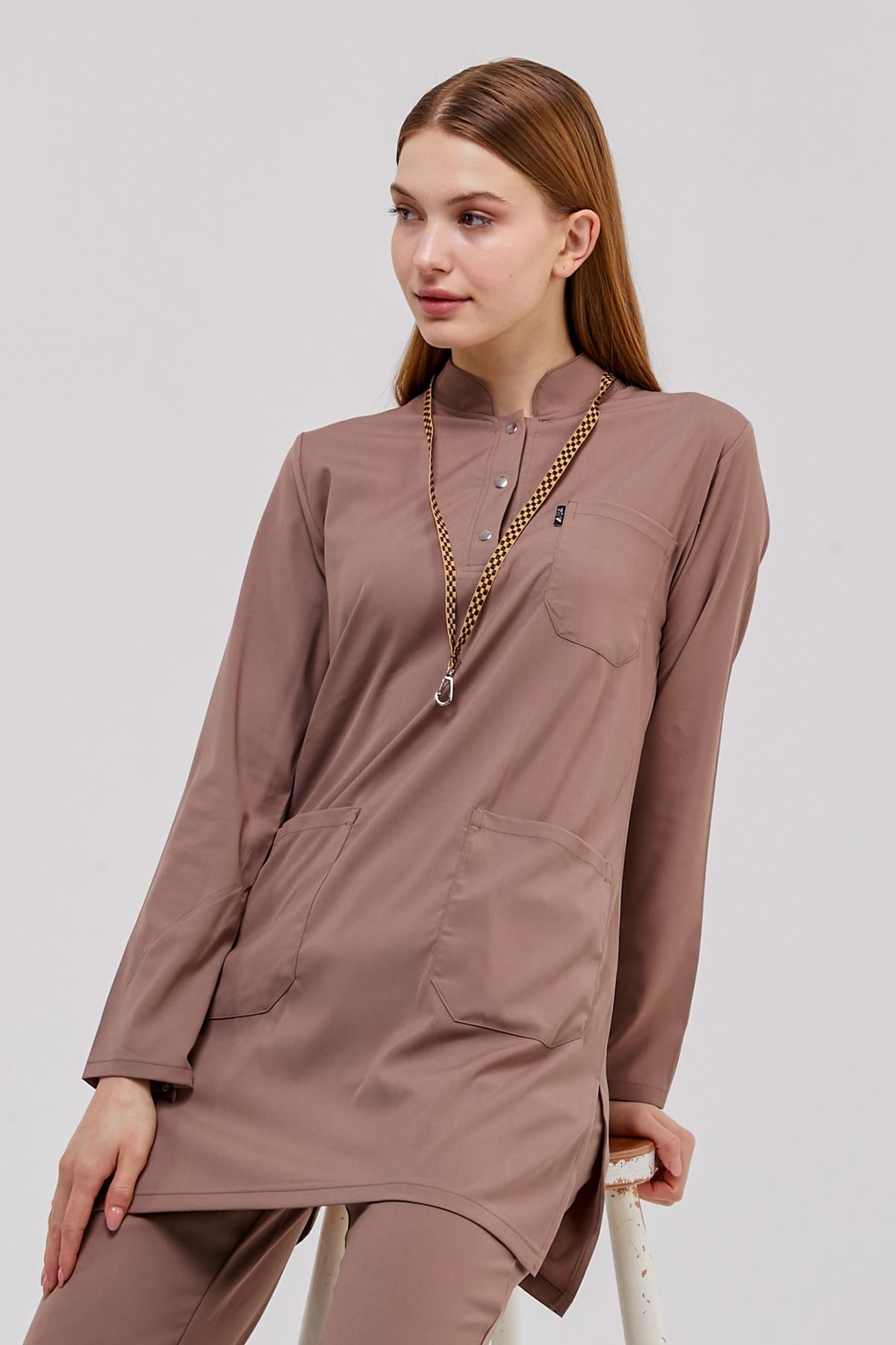 Happiness Modest - Likralı Doktor Hemşire Tesettür Tek Üst Forma, Taş Beji