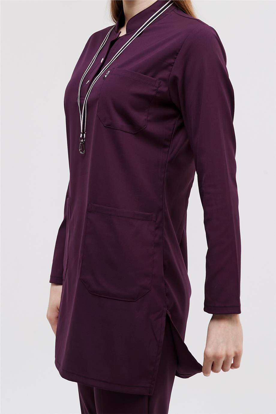 Happiness Modest - Likralı Doktor Hemşire Tesettür Forma Takımı Scrubs Üniforma Cerrahi Takım, Mürdüm