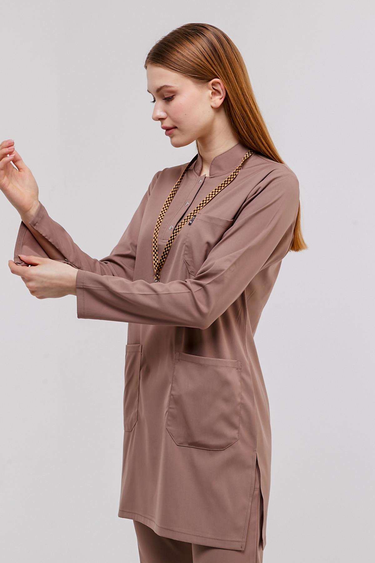 Happiness Modest - Likralı Doktor Hemşire Tesettür Tek Üst Forma, Taş Beji