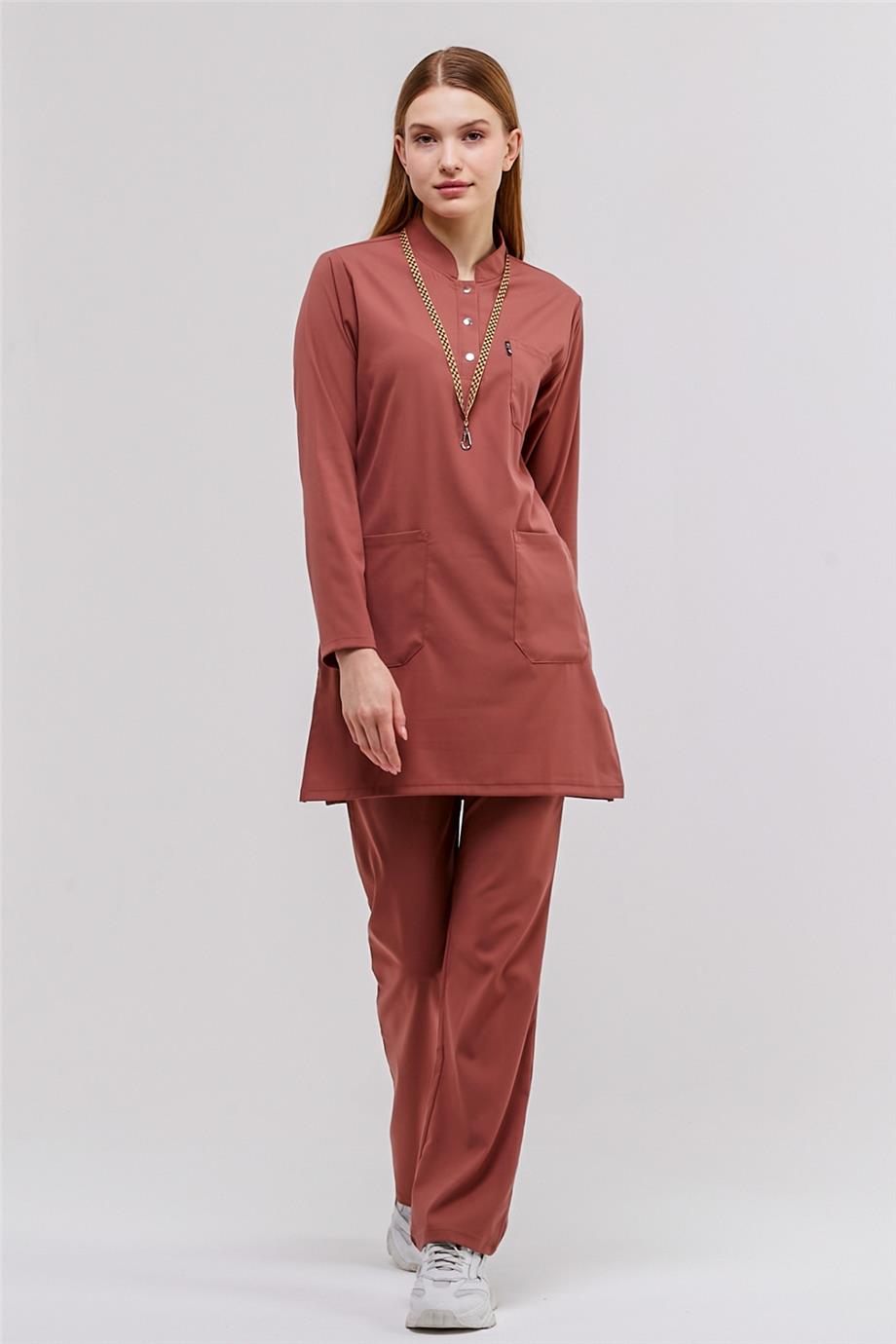 Happiness Modest - Likralı Doktor Hemşire Tesettür Forma Takımı Scrubs Üniforma Cerrahi Takım, Bisküvi