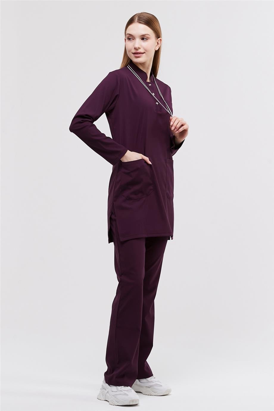 Happiness Modest - Likralı Doktor Hemşire Tesettür Forma Takımı Scrubs Üniforma Cerrahi Takım, Mürdüm