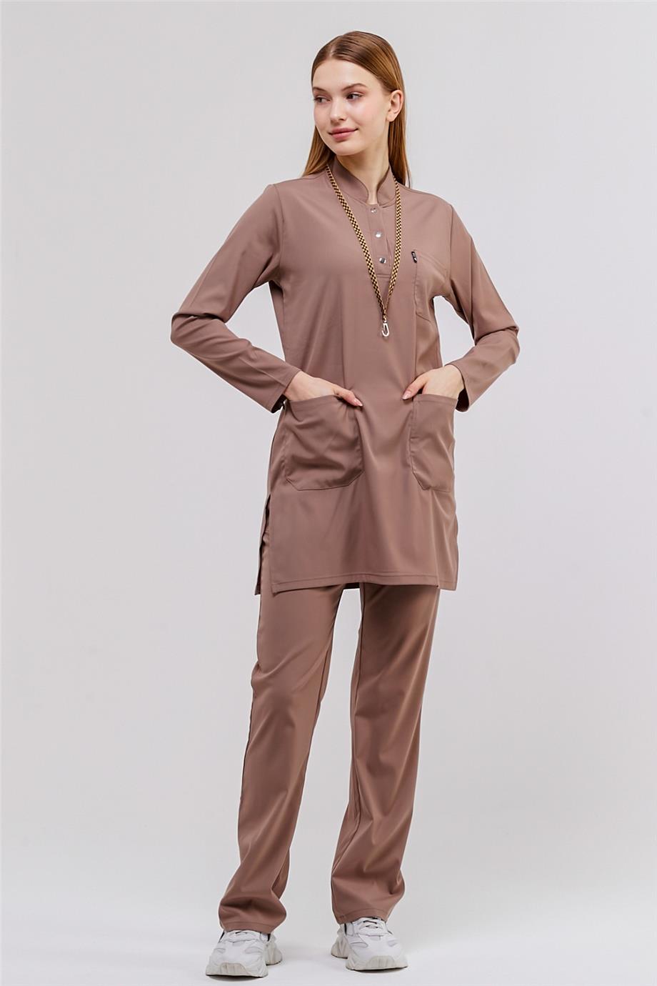 Happiness Modest - Likralı Doktor Hemşire Tesettür Forma Takımı Scrubs Üniforma Cerrahi Takım, Taş Beji