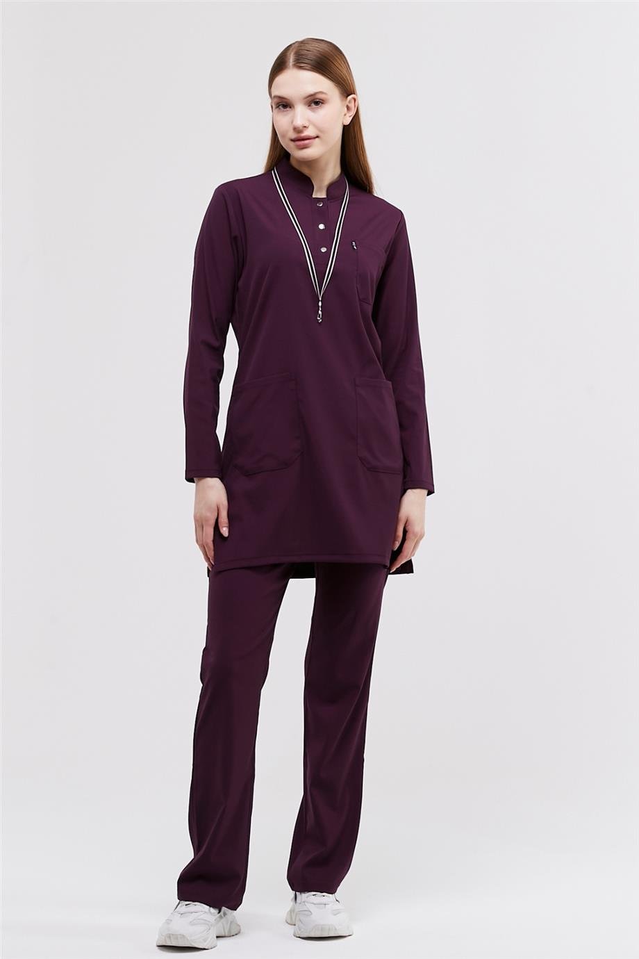 Happiness Modest - Likralı Doktor Hemşire Tesettür Forma Takımı Scrubs Üniforma Cerrahi Takım, Mürdüm