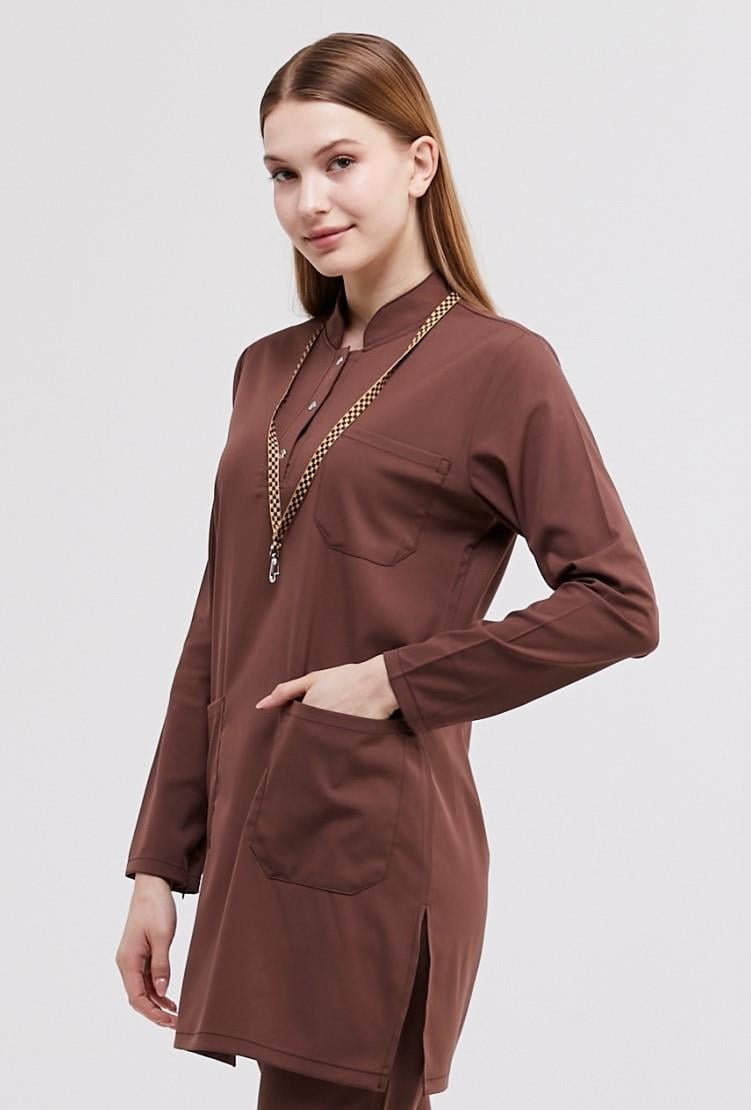 Happiness Modest - Likralı Doktor Hemşire Tesettür Tek Üst Forma, Çikolata Kahve