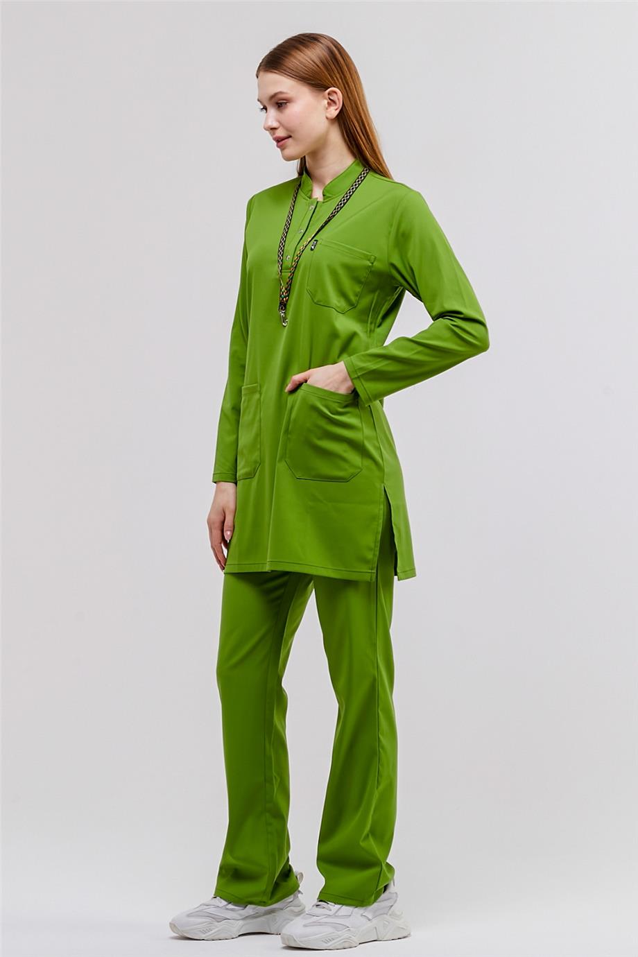 Happiness Modest - Likralı Doktor Hemşire Tesettür Forma Takımı Scrubs Üniforma Cerrahi Takım, Fıstık Yeşili