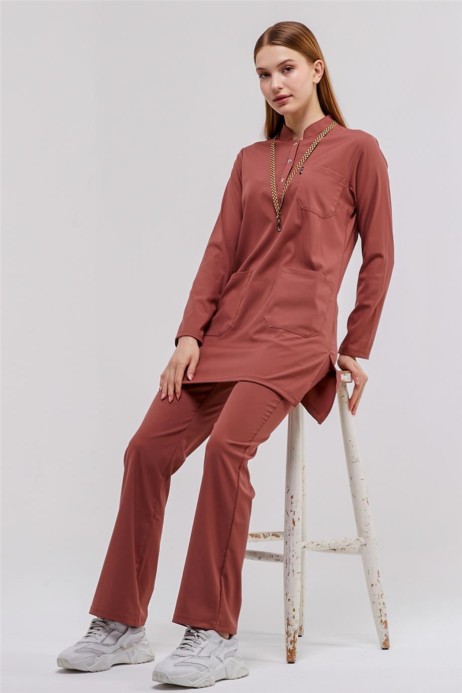 Happiness Modest - Likralı Doktor Hemşire Tesettür Forma Takımı Scrubs Üniforma Cerrahi Takım, Bisküvi