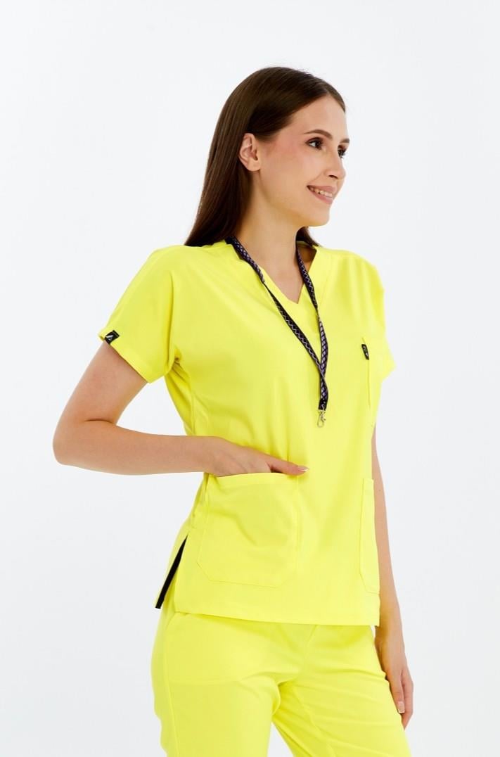 Happiness Spaniard - Likralı Doktor Hemşire Tek Üst Forma (KADIN), Limon Sarısı