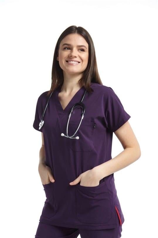Happiness Spaniard - Likralı Doktor Hemşire Tek Üst Forma (KADIN), Koyu Mor