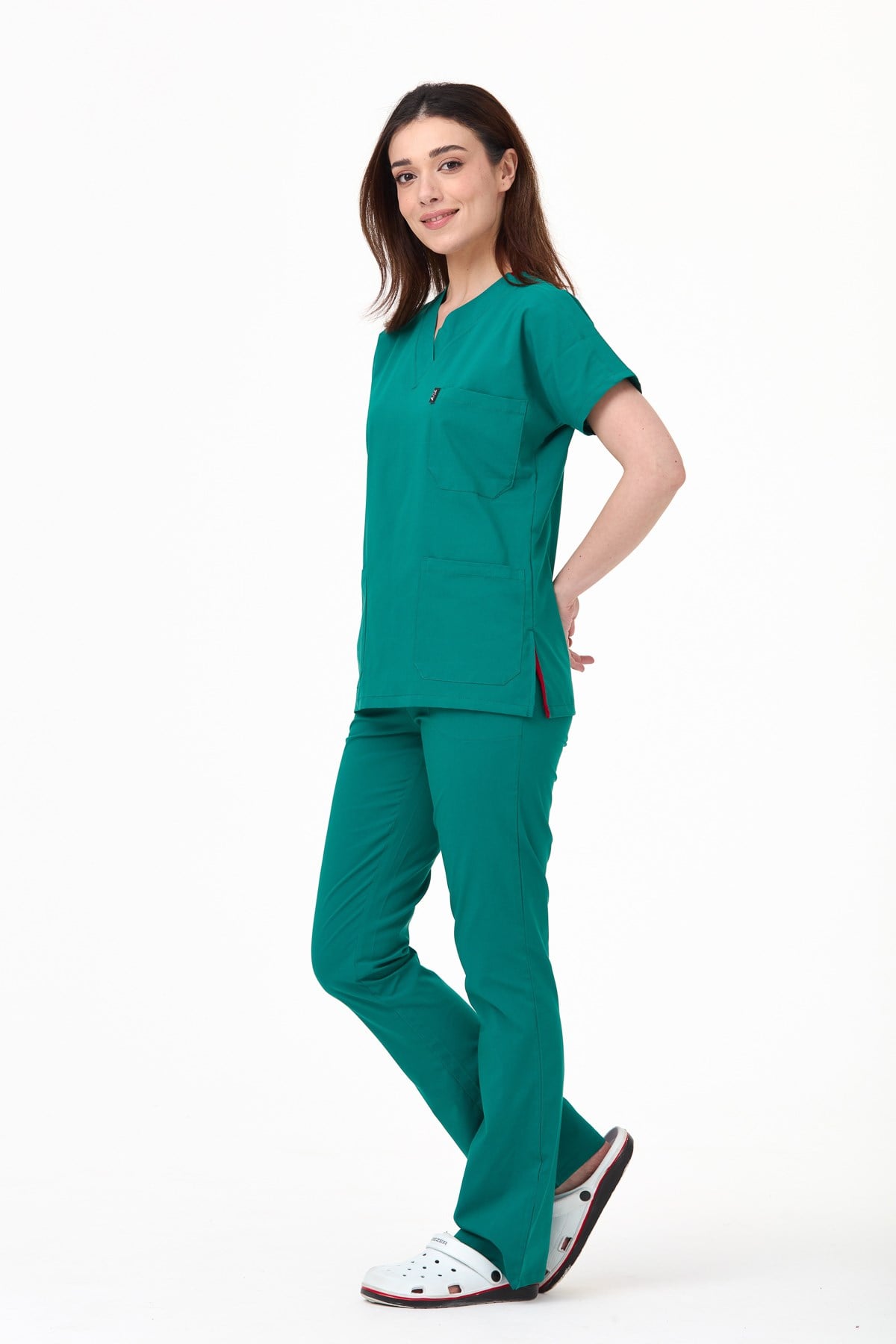 Happiness Spaniard - Likralı Doktor Hemşire Forma Takımı Scrubs Üniforma Cerrahi Takım (UNISEX), Cerrahi Yeşil