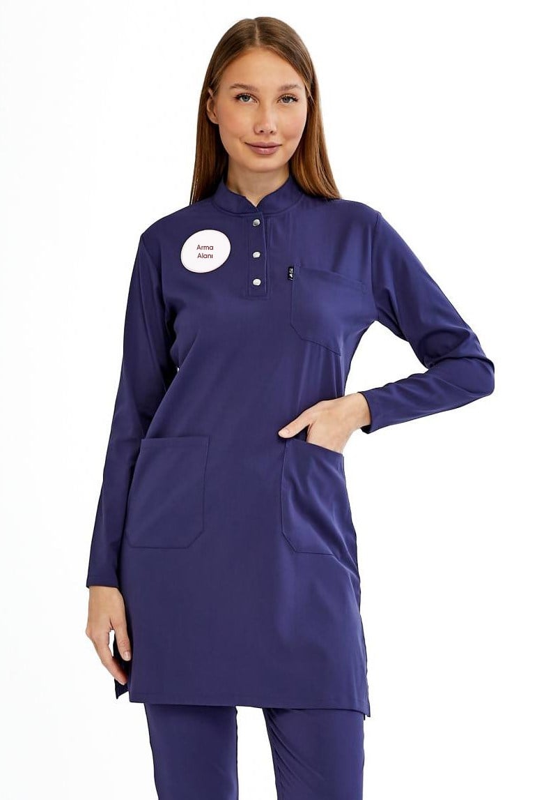 Modest - Tesettür Hemşire Forması Likralı Scrubs  (Yeni Yönetmeliğe Uygun - Patriot Blue) (Tek Üst)