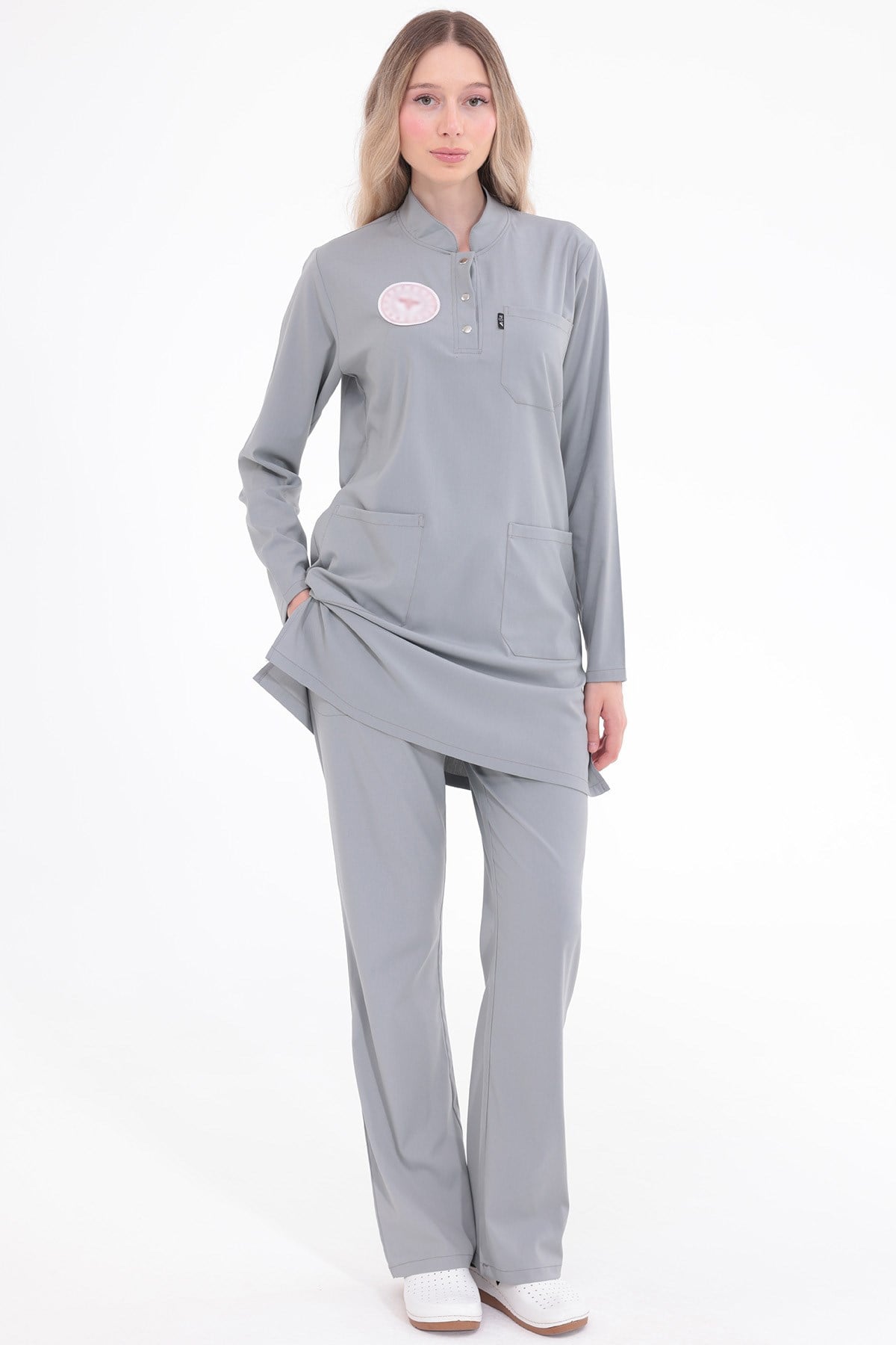 Modest - Tesettür Teknik Hizmetler Forması Likralı Scrubs (Kadın) (Yeni Yönetmeliğe Uygun - Tesettür Neutral Gray) (Takım)