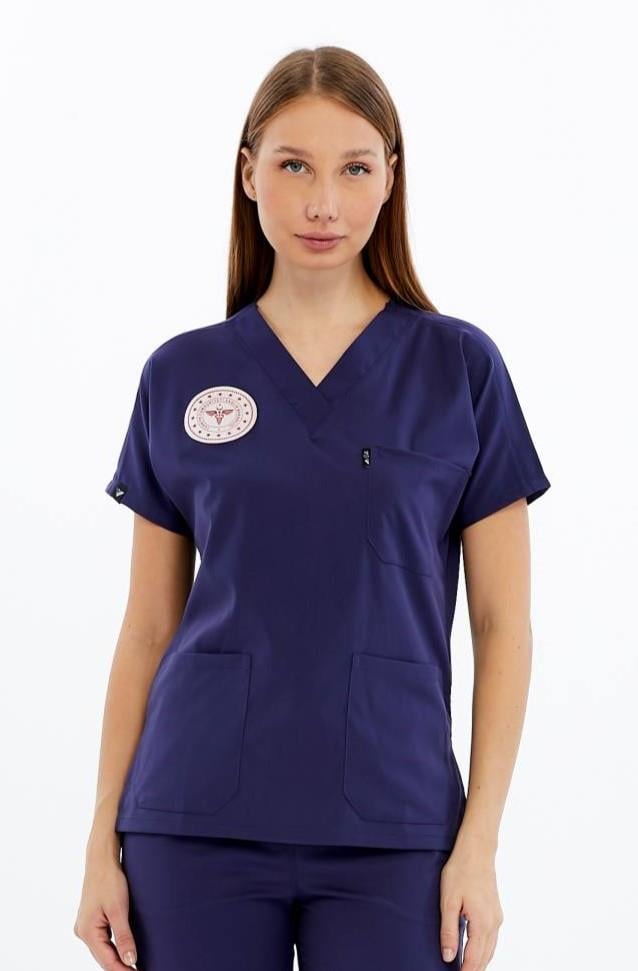 Spaniard - Hemşire Forması Likralı Scrubs (Kadın) (Yeni Yönetmeliğe Uygun - Patriot Blue) (Tek Üst)