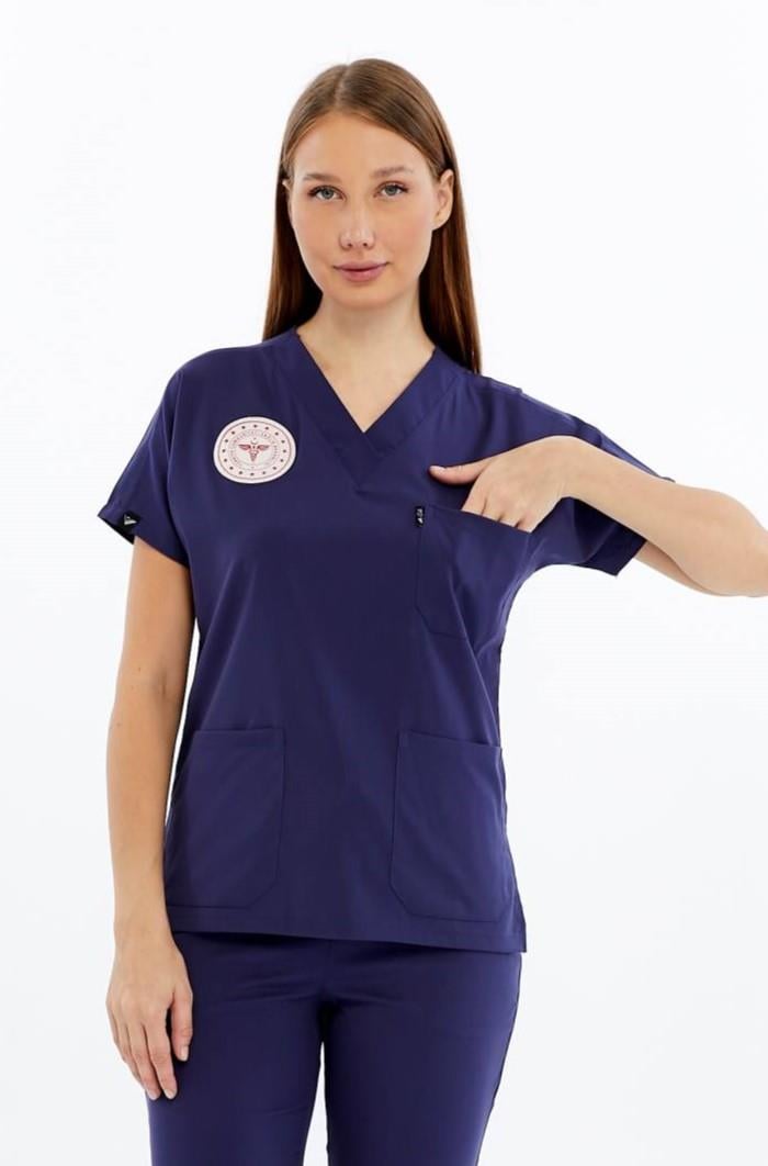 Spaniard - Hemşire Forması Likralı Scrubs (Kadın) (Yeni Yönetmeliğe Uygun - Patriot Blue) (Tek Üst)