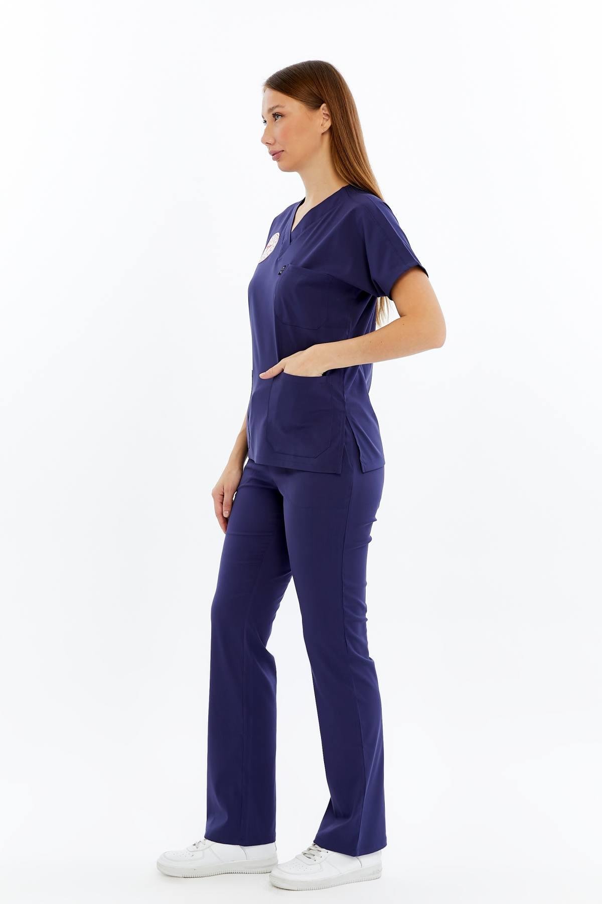 Spaniard - Hemşire Forması Likralı Scrubs (Kadın) (Yeni Yönetmeliğe Uygun - Patriot Blue) (Takım)
