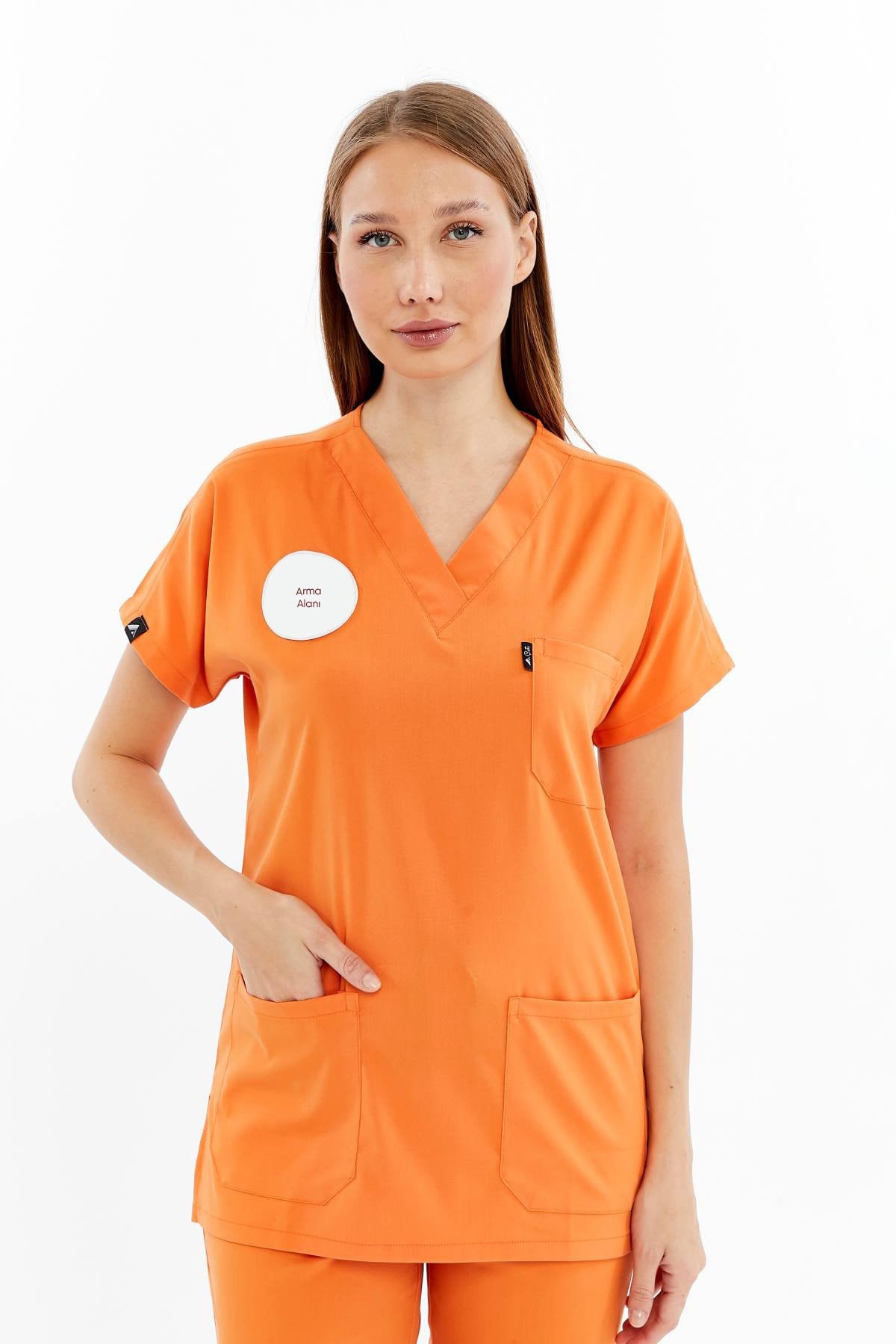 Spaniard - Klinik Destek Personeli Forması Likralı Scrubs (Kadın) (Yeni Yönetmeliğe Uygun - Orange Ochre) (Tek Üst)