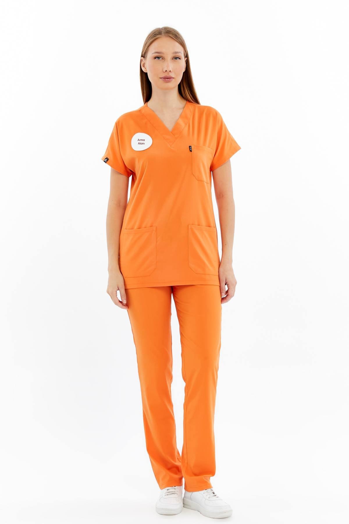 Spaniard - Klinik Destek Personeli Forması Likralı Scrubs (Kadın) (Yeni Yönetmeliğe Uygun - Orange Ochre) (Takım)