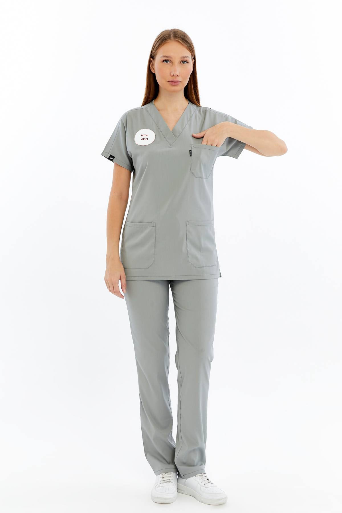 Spaniard - Teknik Hizmetler Forması Likralı Scrubs (Kadın) (Yeni Yönetmeliğe Uygun - Neutral Gray) (Takım)