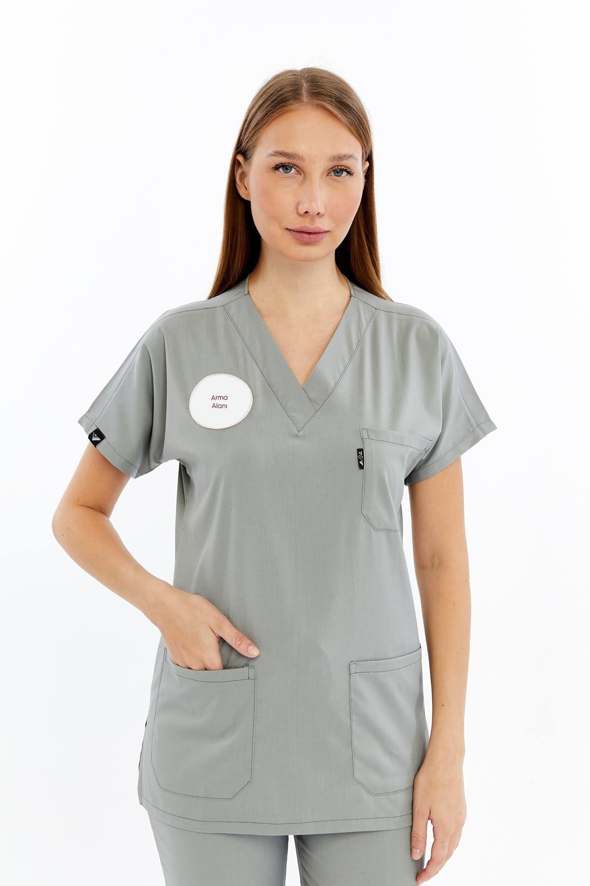Spaniard - Teknik Hizmetler Forması Likralı Scrubs (Kadın) (Yeni Yönetmeliğe Uygun - Neutral Gray) (Tek Üst)