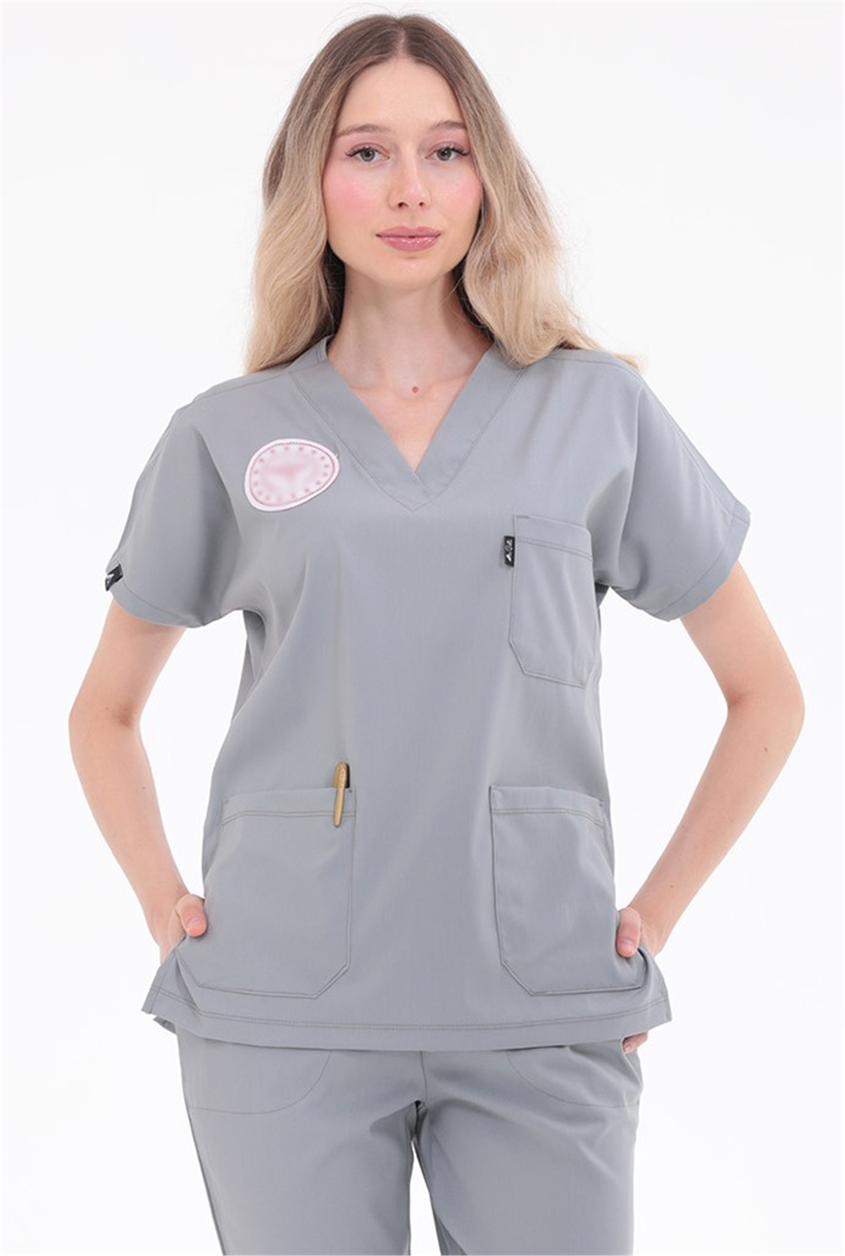 Spaniard - Teknik Hizmetler Forması Likralı Scrubs (Kadın) (Yeni Yönetmeliğe Uygun - Neutral Gray) (Tek Üst)